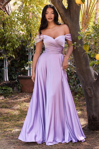 Cinderella Divine 7493C Long Plus Size A-Line Off the Shoulder Satin Dress by DiscountDressShop