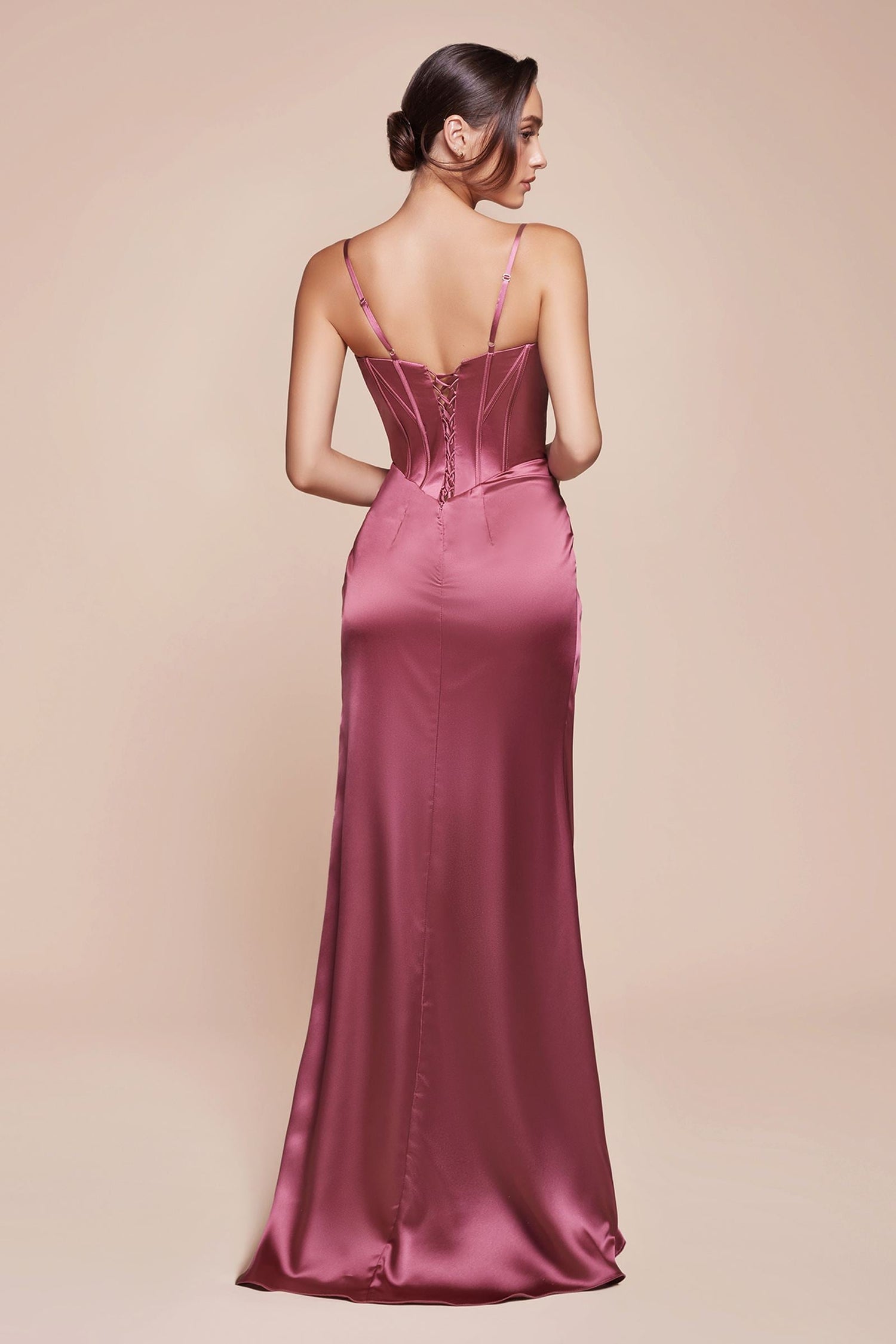 Ladivine 7495 Long Fitted Bustier Satin Draped Gown by DiscountDressShop