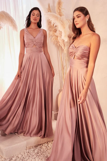 Ladivine 7497 Long A-Line Satin Keyhole Twisted Bodice Formal Gown by DiscountDressShop