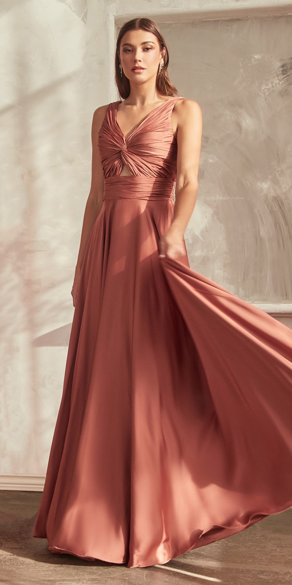 Ladivine 7497 Long A-Line Satin Keyhole Twisted Bodice Formal Gown by DiscountDressShop