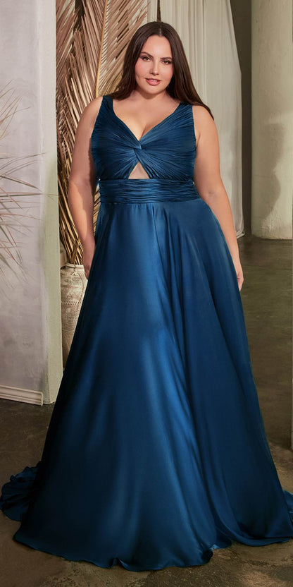 Ladivine 7497 Long A-Line Satin Keyhole Twisted Bodice Formal Gown by DiscountDressShop