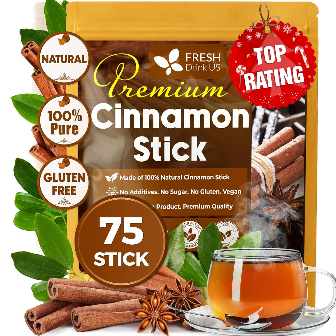 Cinnamon Sticks, Whole Sticks, 100% Natural &amp; Pure Cinnamon Inner Bark, Raw Cinnamon Spice Flavor &amp; Strong Aroma, Cinnamon Spice Herbal Tea, Perfect for Warm Beverages, No Additives, Vegan by FreshDrinkUS - Natural and Premium Herbal Tea