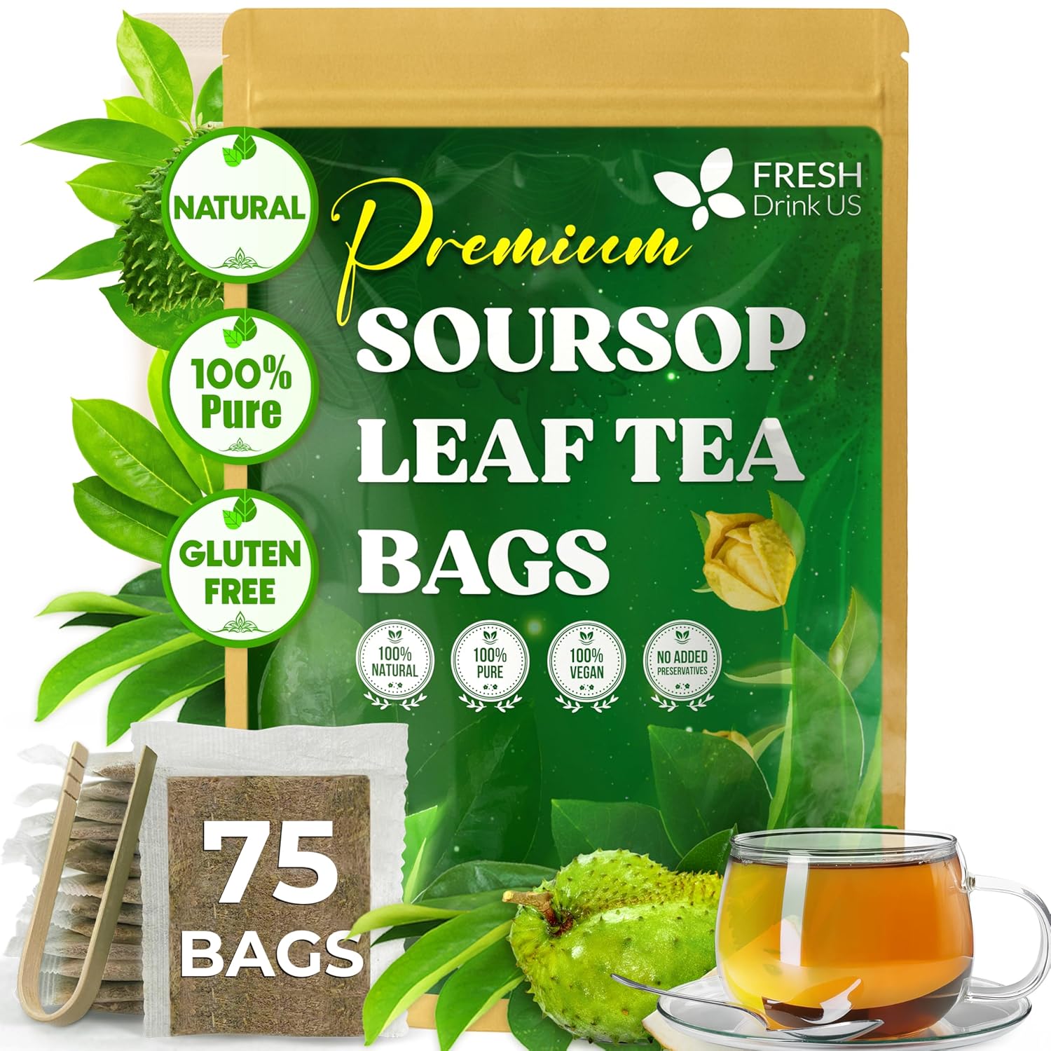 40 Premium Soursop Graviola Leaf Tea Bags, 100% Natural and Pure from Soursop Leaves, Handmade, Made With Natural Materials-Corn Fiber Tea Bag, Sugar/Caffeine/Gluten Free, Hoja Guanabana Tea by FreshDrinkUS - Natural and Premium Herbal Tea