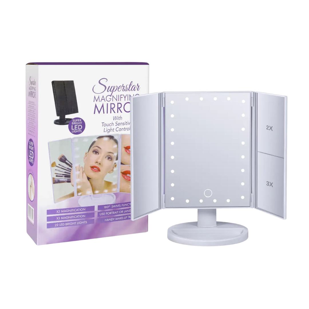 Superstar Tri-Fold LED Makeup Mirror with Magnification (White) by Farmacias Savia