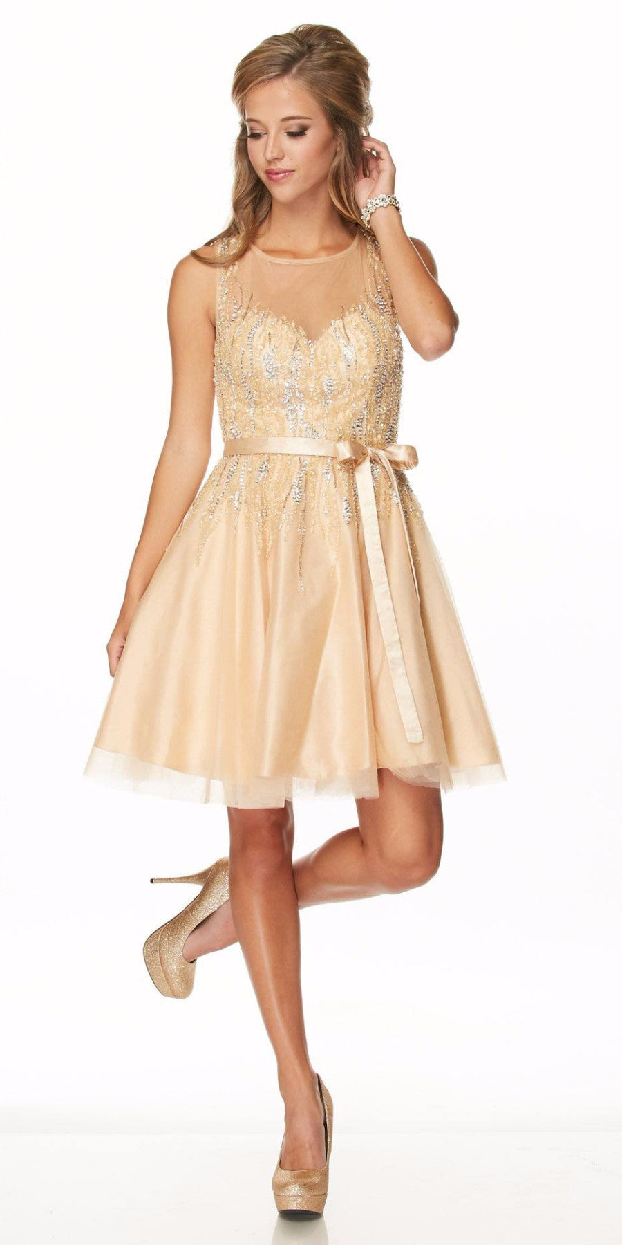 CLEARANCE - Juliet 776 Sequins Embellished Bodice Illusion Short Dress (Size M) by DiscountDressShop