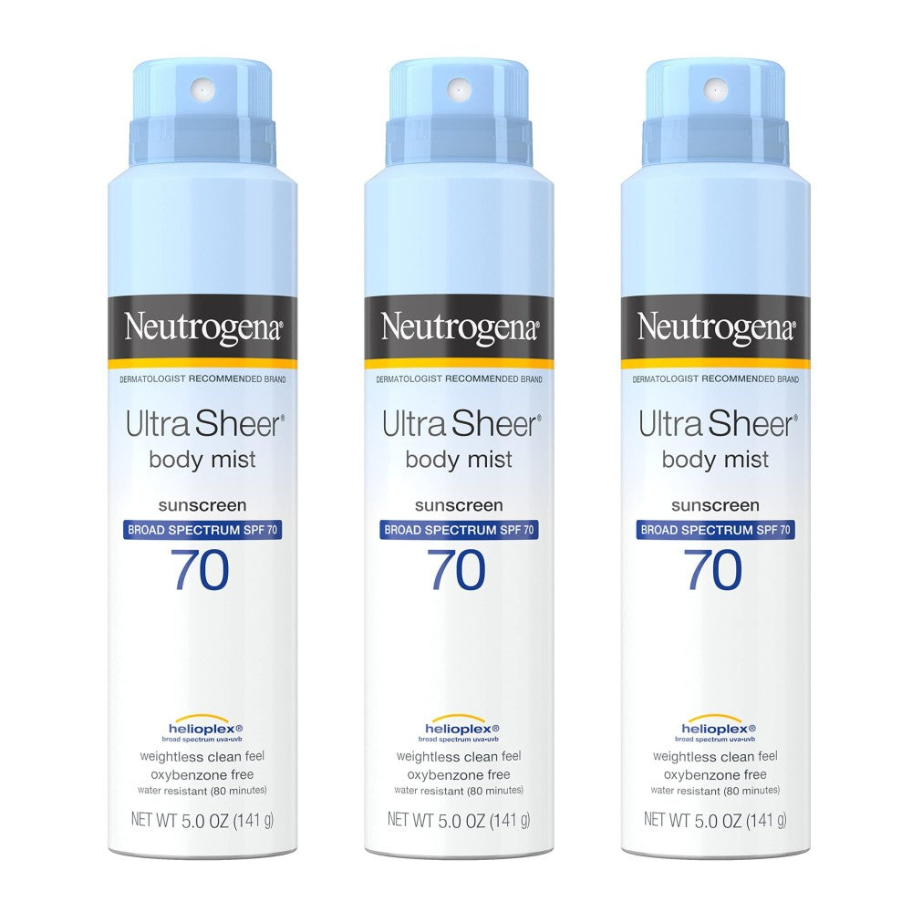 Neutrogena Ultra Sheer Body Mist Sunscreen Spray, Broad Spectrum SPF 70, Lightweight Spray Sunscreen, Non-Greasy &amp; Water Resistant, Oil-Free &amp; Non-Comedogenic U by Pasteur Pharmacy