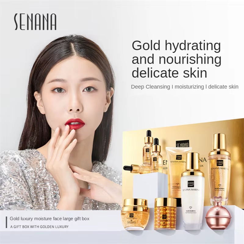 24K Gold Skin Care Set 9PCS with Box Face Toner Essence Cream Nicotinamide Anti-Aging Wrinkles Serum Facial Cleanser Kit by Korean Skin Care