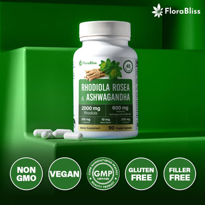 Rhodiola Rosea 2000mg with Ashwagandha KSM-66, L-Theanine, Holy Basil &amp; BioPerine - High Potency Vegan Capsules by FreshDrinkUS - Natural and Premium Herbal Tea