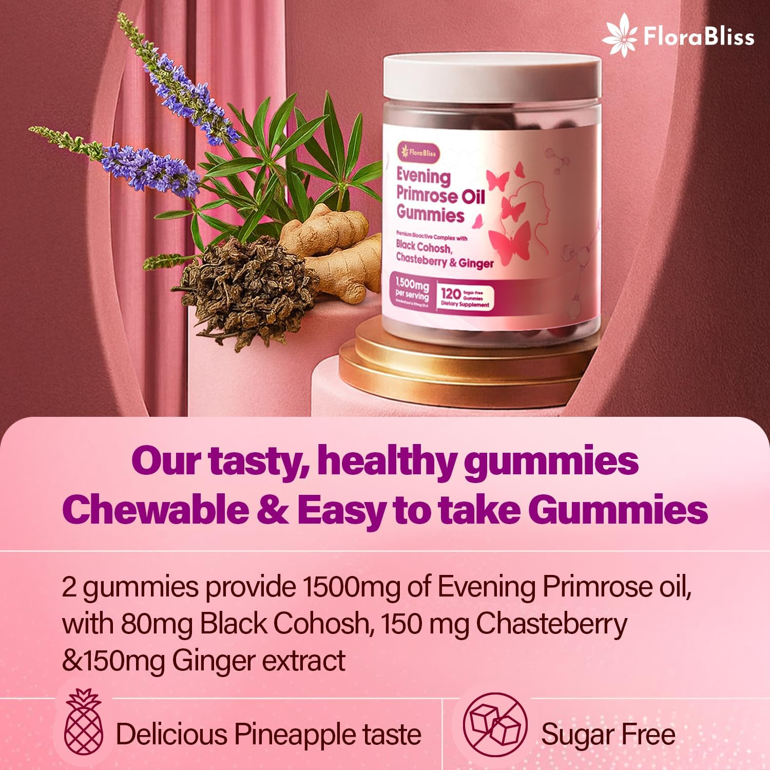 Evening Primrose Oil Gummies | 1500mg | with Black Cohosh, Chasteberry, Ginger Extract for Daily Women&