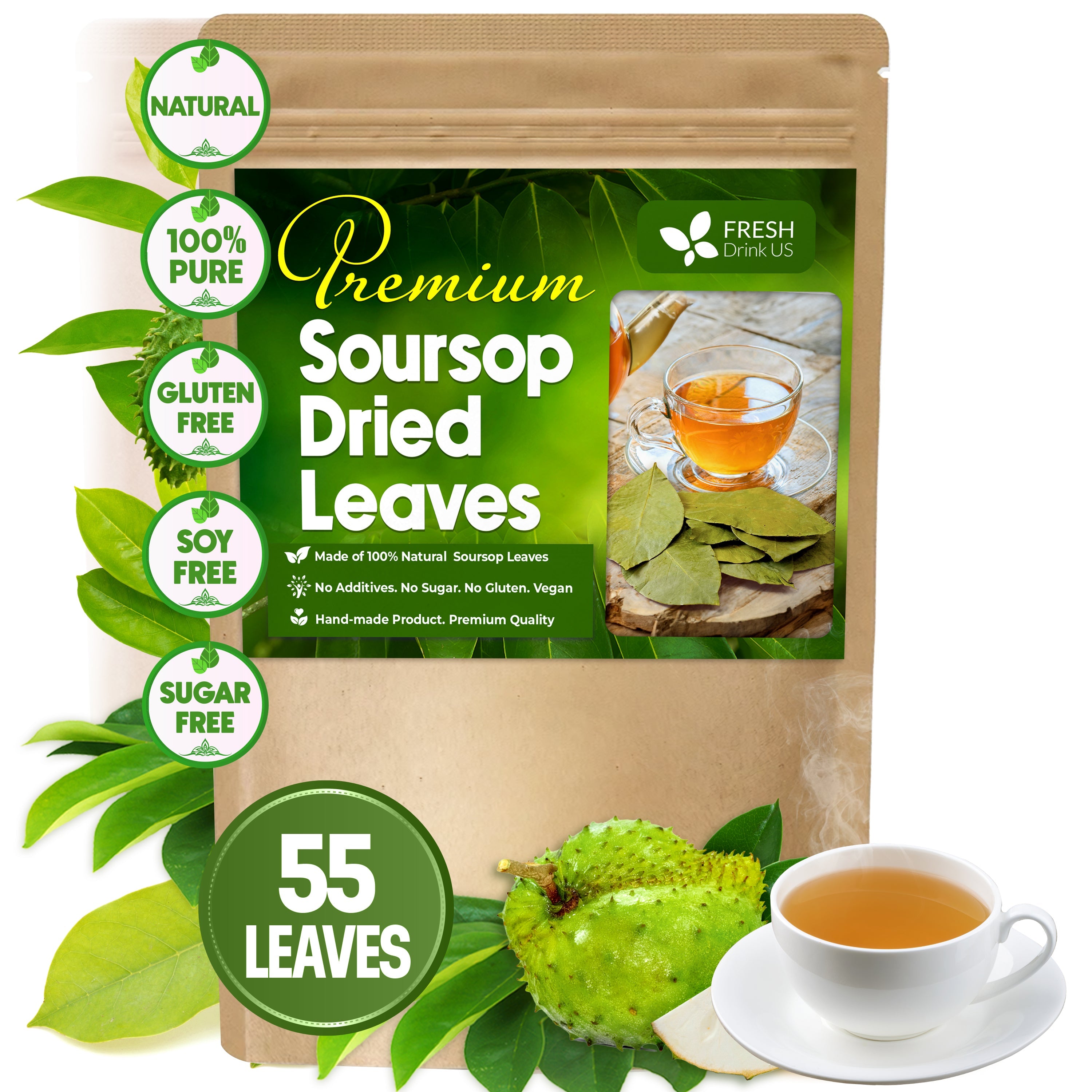Premium Soursop Leaves Tea bags, Dried Soursop Leaves, Soursop Leaf Powder, Guanabana Leaves Tea, Hoja Guanabana Tea by FreshDrinkUS - Natural and Premium Herbal Tea