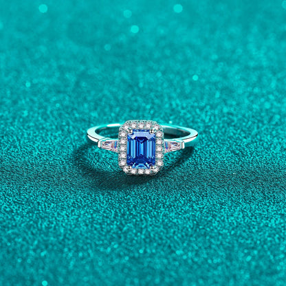 1 Carat Blue Emerald-Cut Sparkala™ Pure Sterling Silver Ring by Sparkala