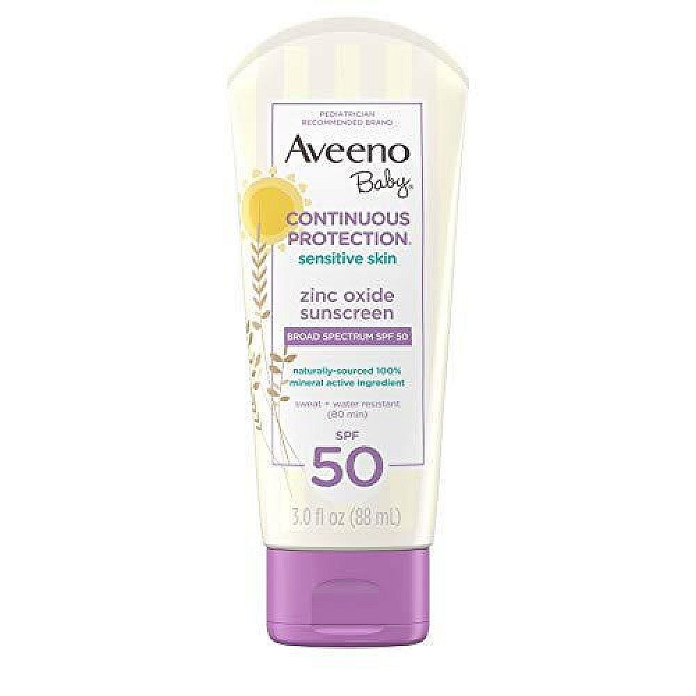 Aveeno Baby Continuous Protection Zinc Oxide Mineral Sunscreen Lotion For Sensitive Skin, Broad Spectrum SPF 50, Tear-Free, Sweat- &amp; Water-Resistant, Paraben-Free, Travel-Size, 3 Fl. Oz by Pasteur Pharmacy