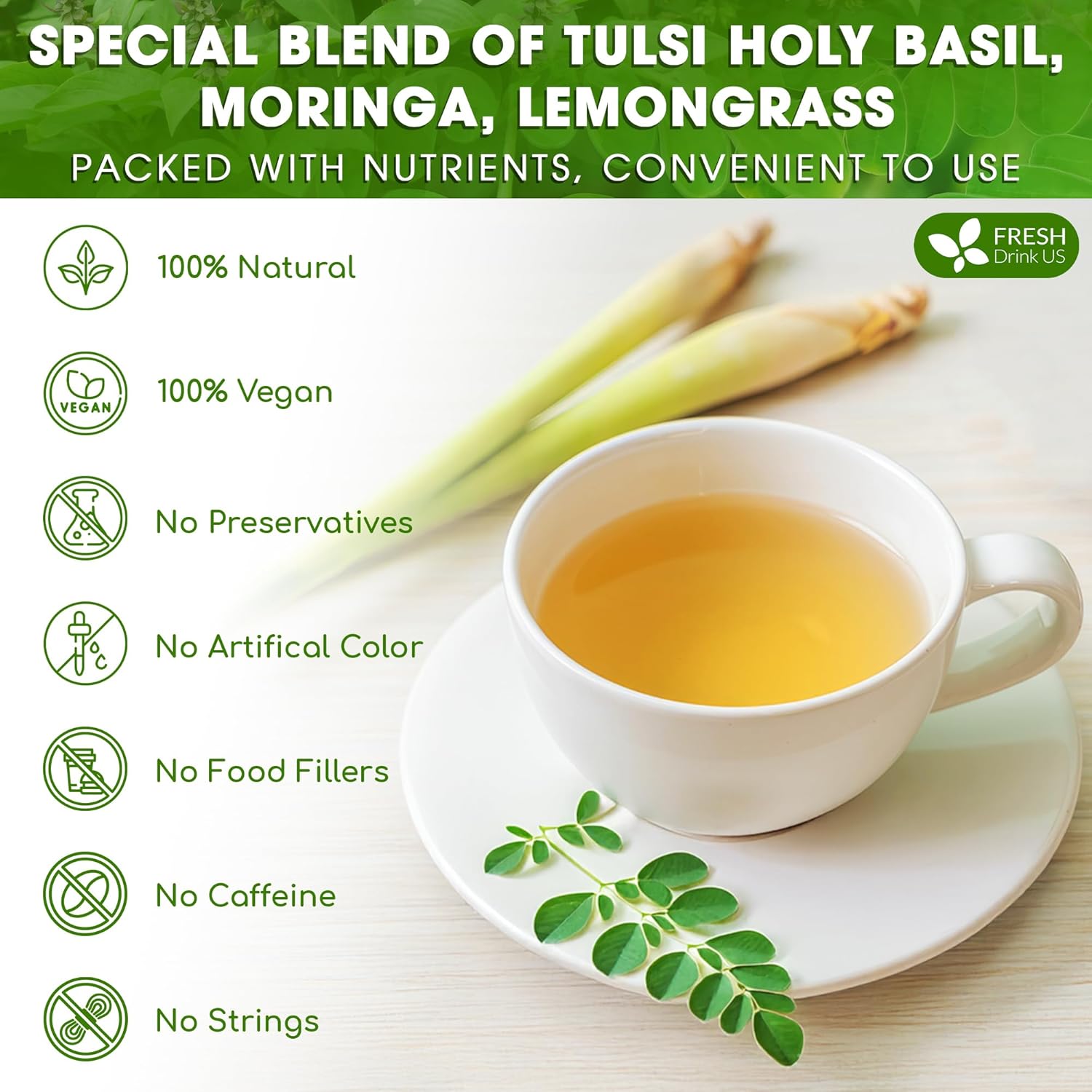 Premium Tulsi Moringa Lemongrass Tea Bags, 100% Natural &amp; Pure from Tulsi Holy Basil Leaves, Moringa &amp; Lemongrass. by FreshDrinkUS - Natural and Premium Herbal Tea