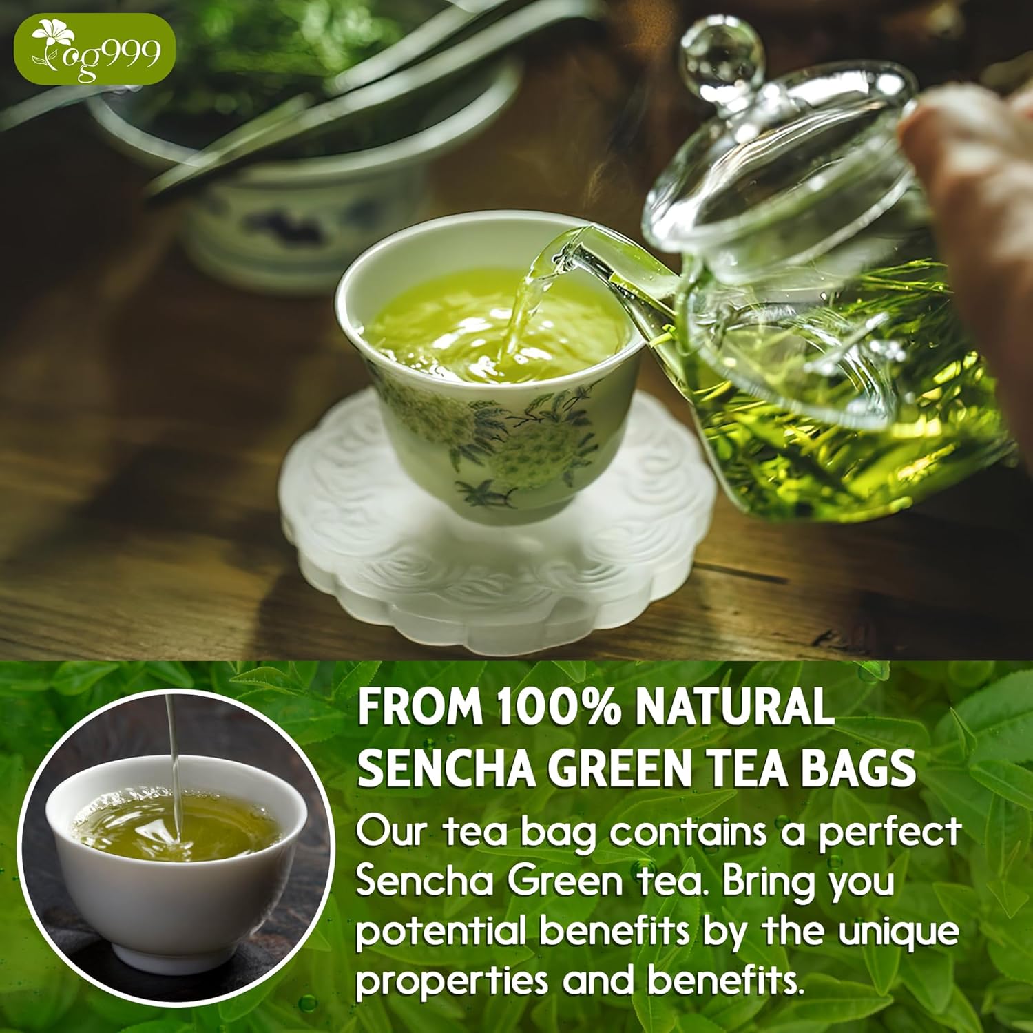 Premium Sencha Green Tea Bags, 100% Natural &amp; Pure from Sencha Green Tea Leaves by FreshDrinkUS - Natural and Premium Herbal Tea