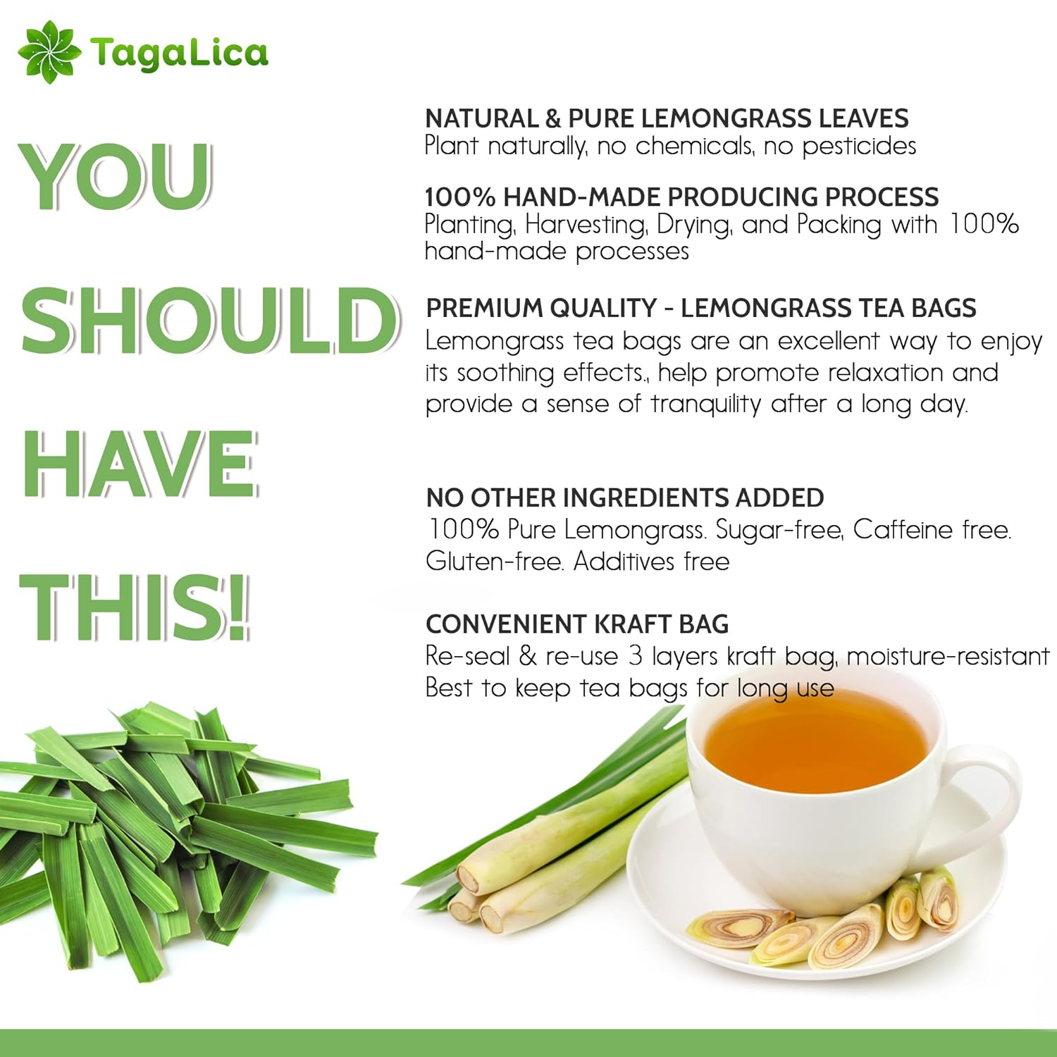 Lemongrass Tea Bags, 100% Natural &amp; Pure Lemongrass leaves, Eco-Conscious Tea Bags, Lemongrass Herbal Tea. Lemongrass Leaf Tea. No Sugar, No Caffeine, No Gluten, Vegan. by FreshDrinkUS - Natural and Premium Herbal Tea