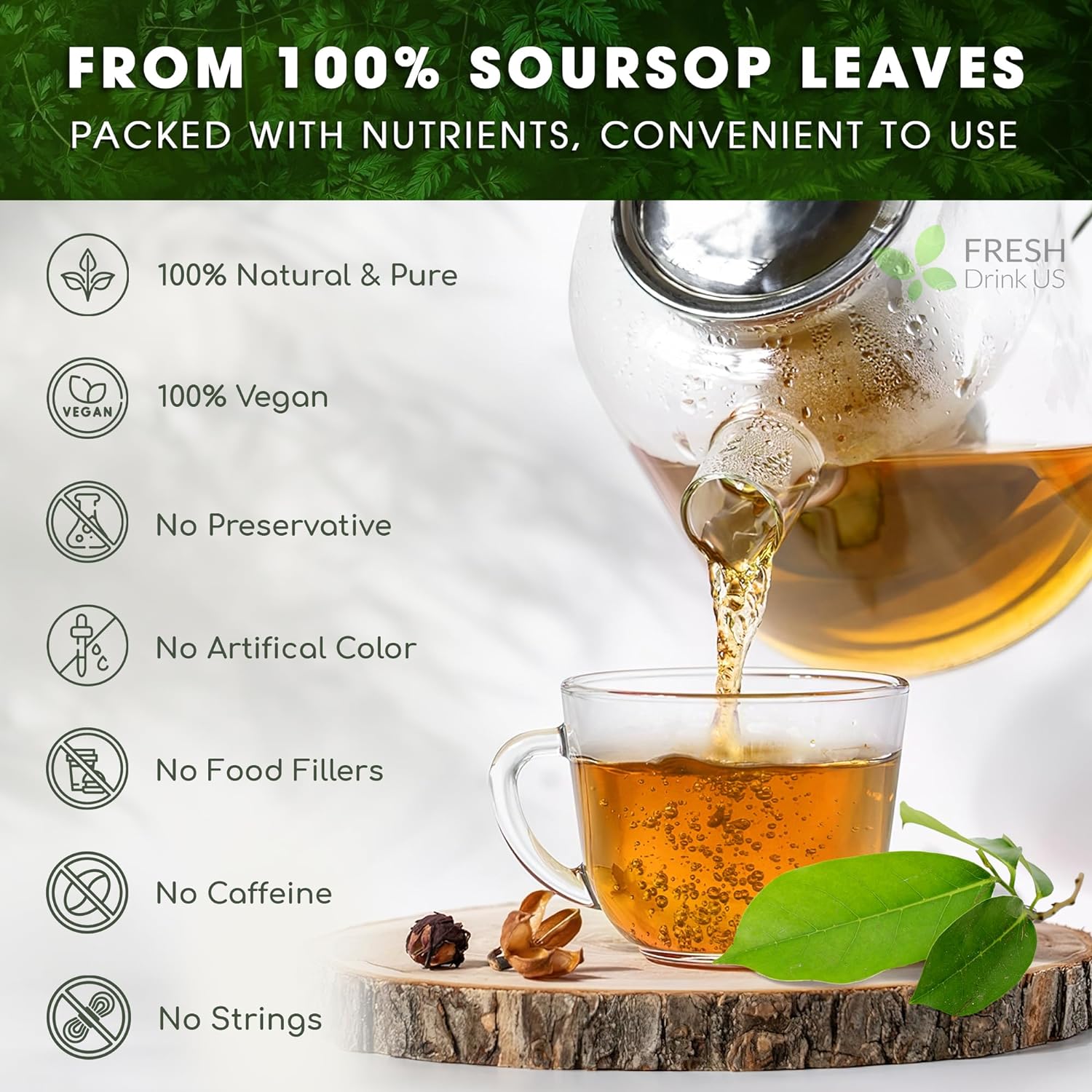 Premium Soursop Leaves Tea bags, Dried Soursop Leaves, Soursop Leaf Powder, Guanabana Leaves Tea, Hoja Guanabana Tea by FreshDrinkUS - Natural and Premium Herbal Tea
