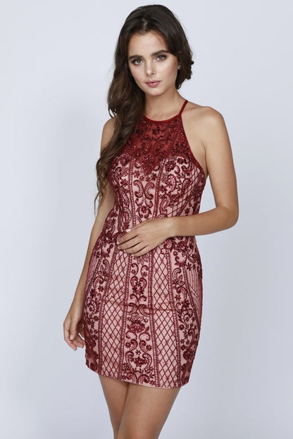 Juliet 815 Short Halter Fitted Dress Cut-Out Back by DiscountDressShop