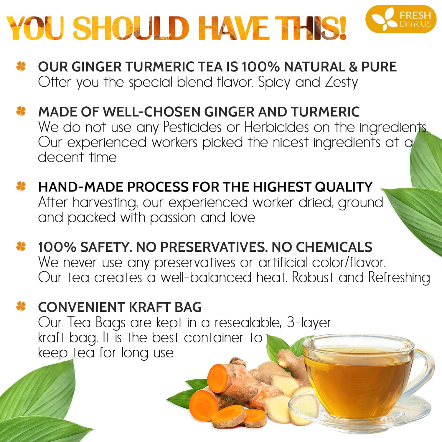 Premium Ginger Turmeric Tea Bags, Hand-made Blend of Ginger and Turmeric Herbal Tea, Eco-conscious Tea Bags. No Sugar, No Caffeine, No Gluten, Vegan. by FreshDrinkUS - Natural and Premium Herbal Tea