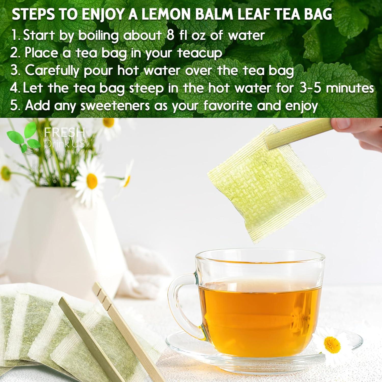 Premium Lemon Balm Leaf Tea Bags, 100% Natural &amp; Pure from Lemon Balm Leaves. Loose Leaf Lemon Balm Herbal Tea. Lemon Balm Leaf Tea. No Sugar, No Caffeine, No Gluten, Vegan. by FreshDrinkUS - Natural and Premium Herbal Tea