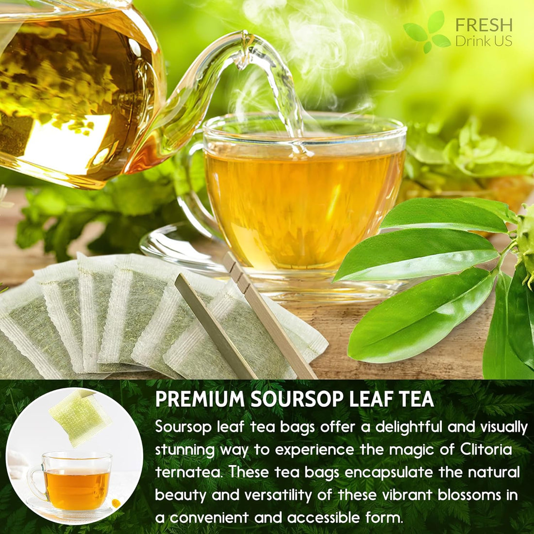 40 Premium Soursop Graviola Leaf Tea Bags, 100% Natural and Pure from Soursop Leaves, Handmade, Made With Natural Materials-Corn Fiber Tea Bag, Sugar/Caffeine/Gluten Free, Hoja Guanabana Tea by FreshDrinkUS - Natural and Premium Herbal Tea