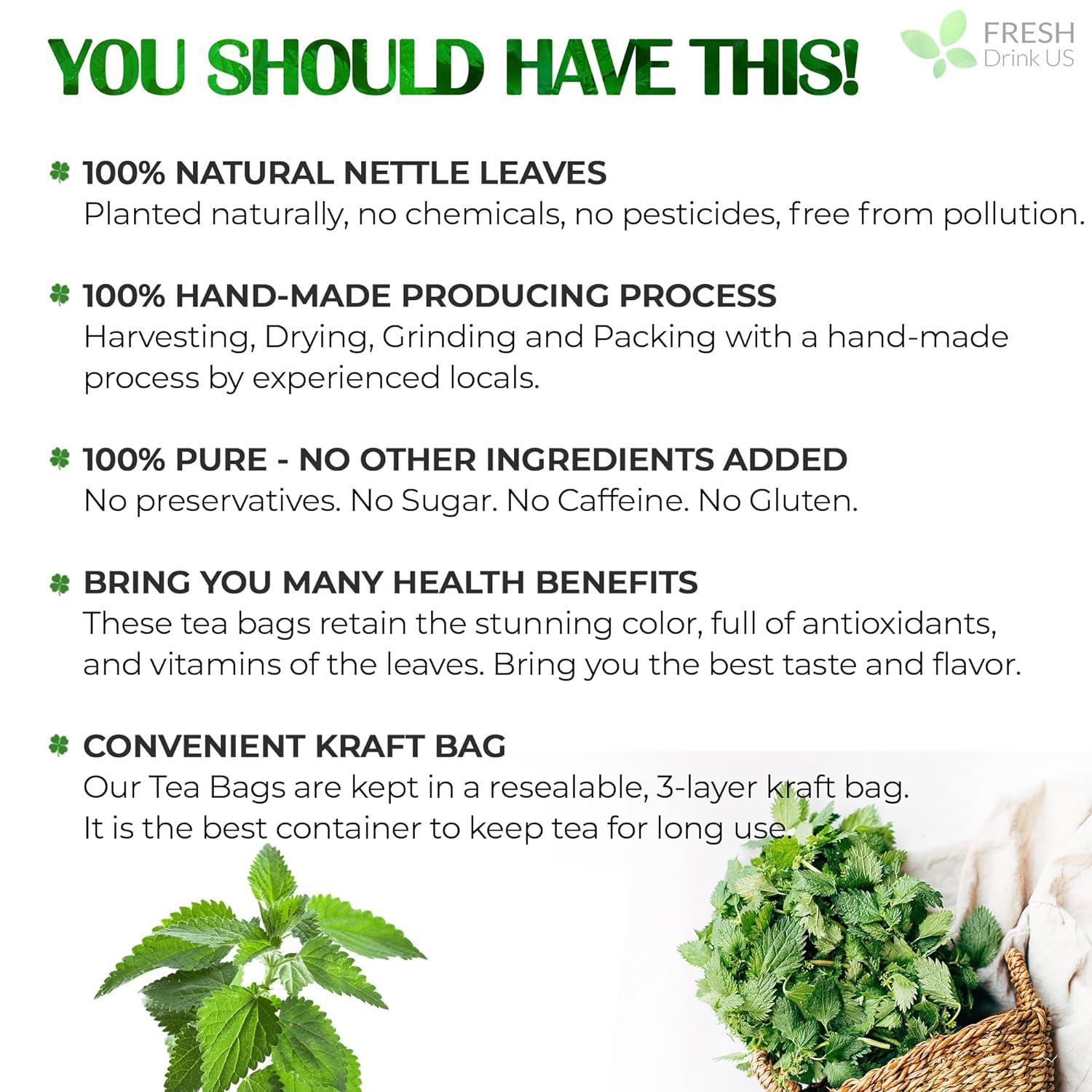Premium Nettle Leaf Tea Bags, 100% Natural &amp; Pure, Stinging Nettle Leaf Tea, Nettle Leaf Tea, Burn Nettle, Stinging Nettle, Nettle Tea, Stinger Tea, No Sugar/Caffeine &amp; Gluten, Vegan by FreshDrinkUS - Natural and Premium Herbal Tea