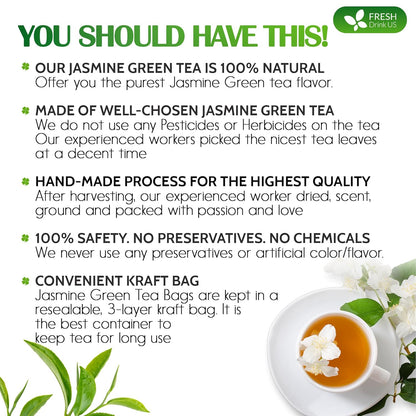 Premium Jasmine Green Tea Bags. Jasmine Green Herbal Tea. Made with Natural Material Tea Bags. No Sugar, No Gluten, Vegan. by FreshDrinkUS - Natural and Premium Herbal Tea
