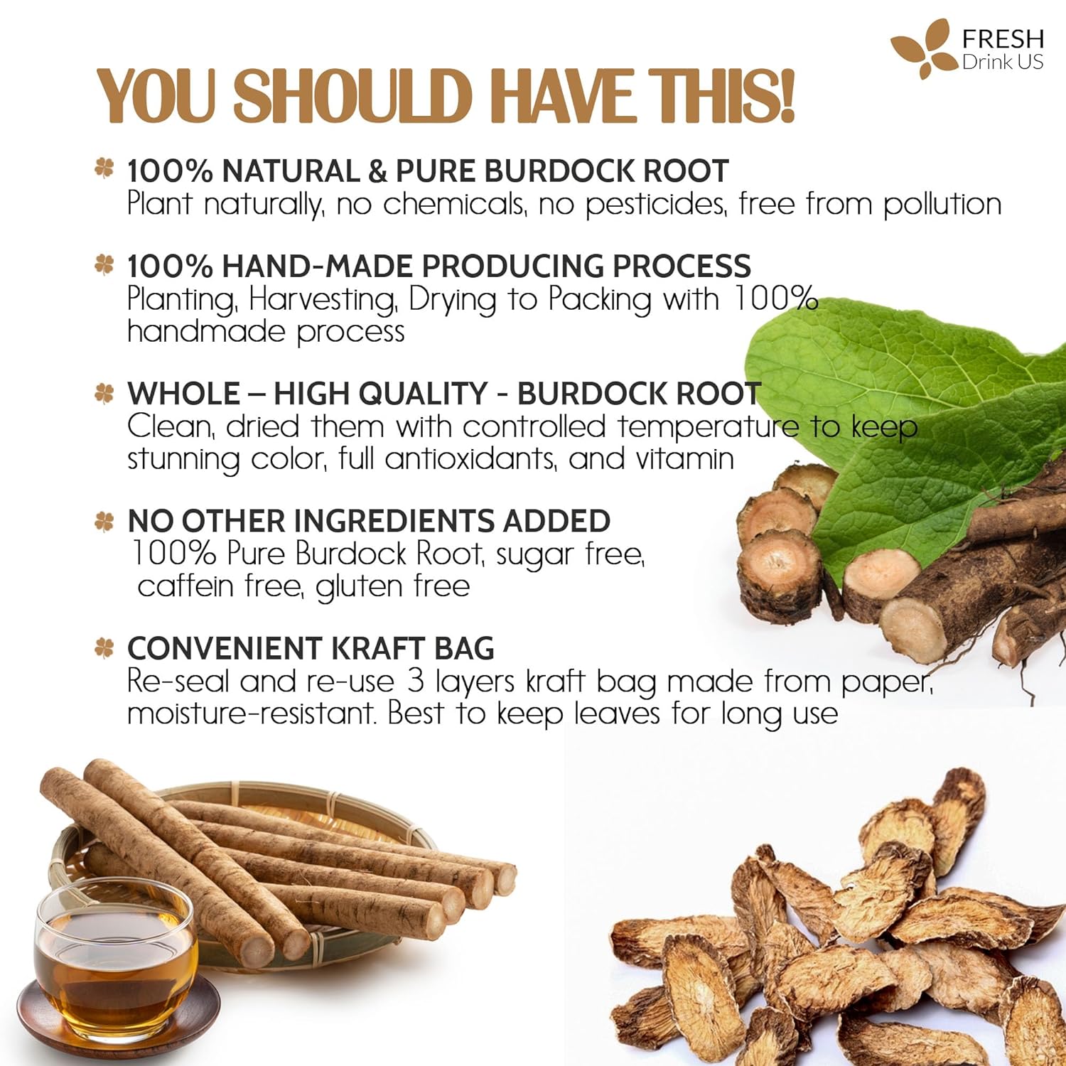 Burdock Root Tea Bags, 100% Natural &amp; Pure from Burdock Root. Burdock Root Herbal Tea. Burdock Root Tea. No Sugar, No Caffeine, No Gluten, Vegan. by FreshDrinkUS - Natural and Premium Herbal Tea