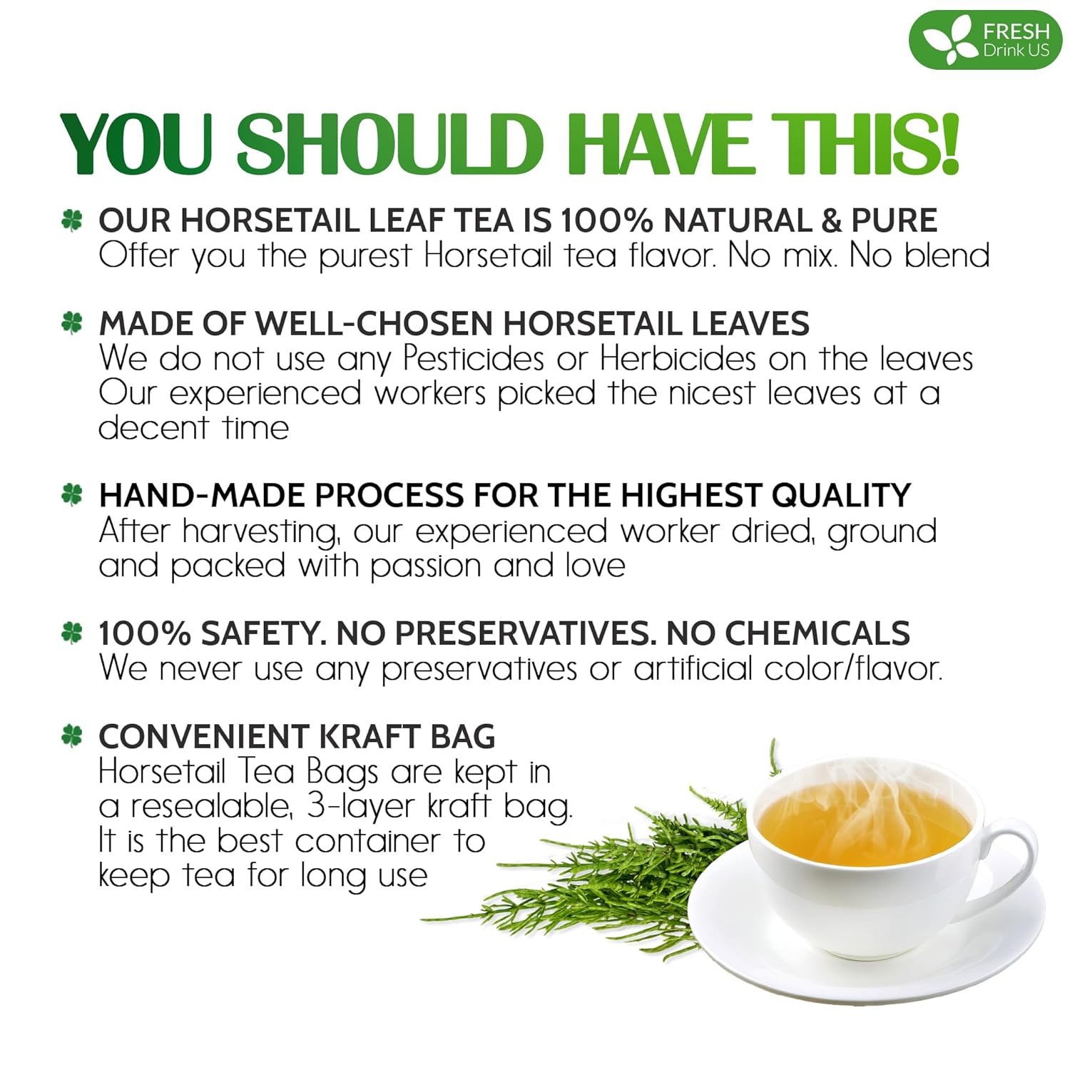 Premium Horsetail Leaf Tea Bags, 100% Natural &amp; Pure from Horsetail Loose Leaves Herbal Tea. No Sugar, No Caffeine, No Gluten, Vegan. by FreshDrinkUS - Natural and Premium Herbal Tea