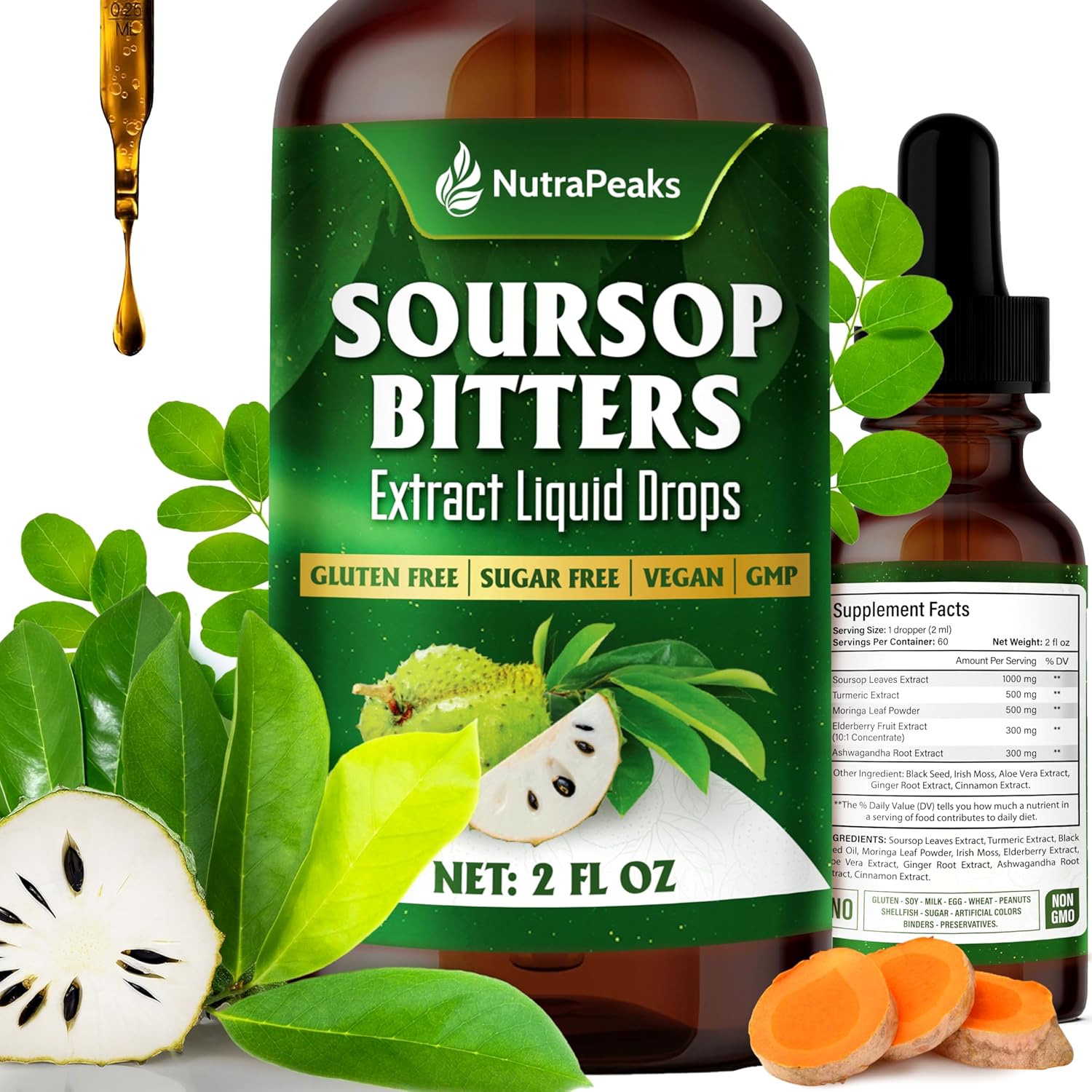 Soursop Bitters Liquid Drops – Premium Herbal Blend with Soursop Leaves, Black Seed, Moringa, Ashwagandha, Senna, Goat Weed &amp; Ginger, 2 fl oz by FreshDrinkUS - Natural and Premium Herbal Tea