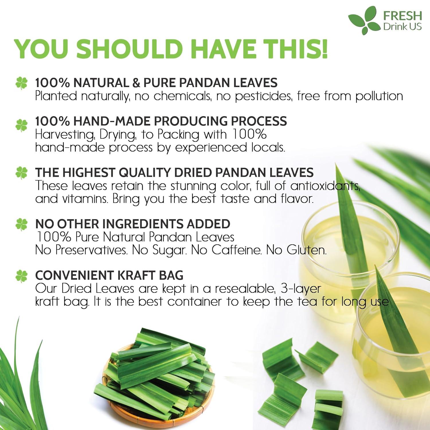 Natural Pandan Leaves Dried, No Additives, No Caffeine, Vegan by FreshDrinkUS - Natural and Premium Herbal Tea