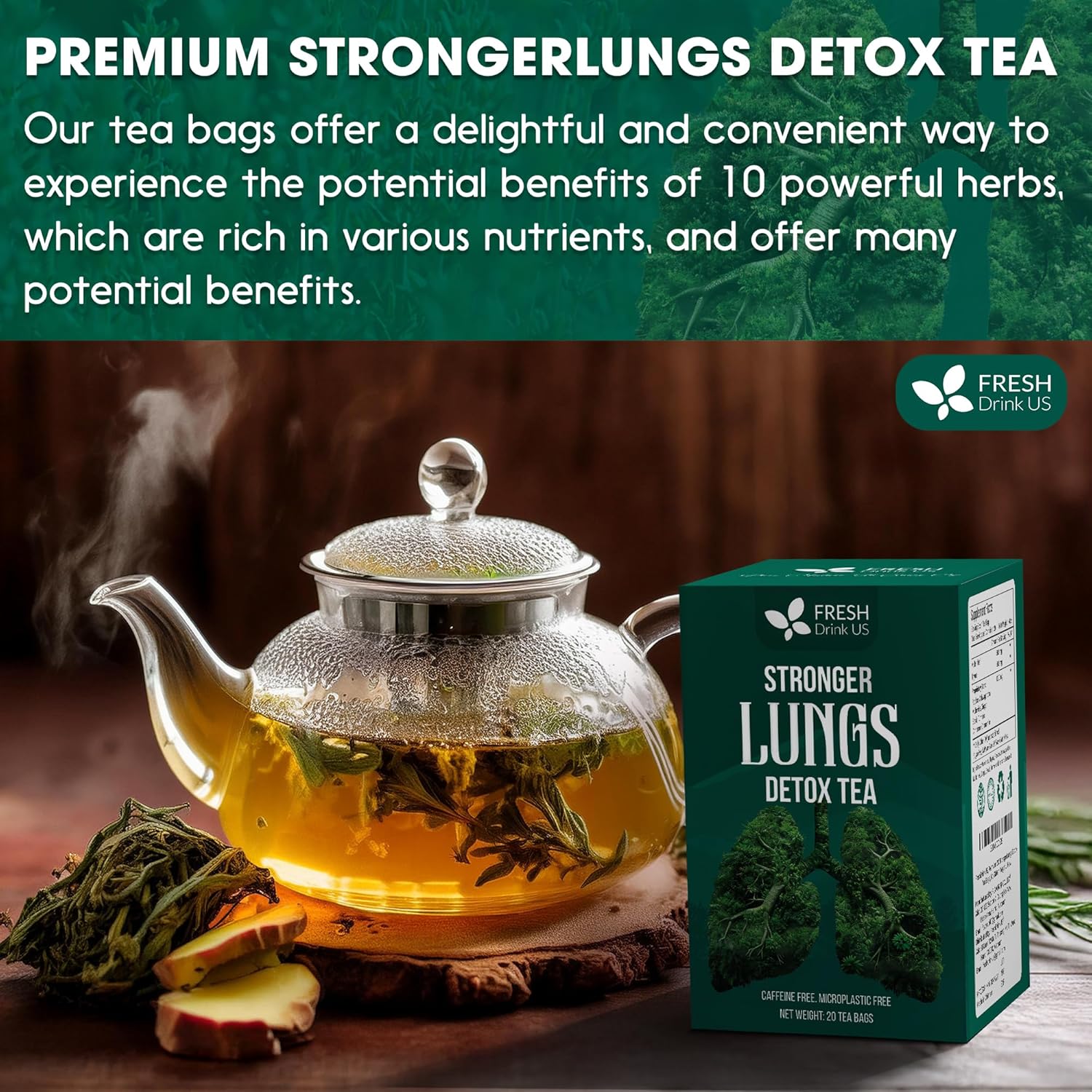 StrongerLungs Tea Bags - Supports Lung Cleanse, Congestion Relief &amp; Mucus Detox by FreshDrinkUS - Natural and Premium Herbal Tea