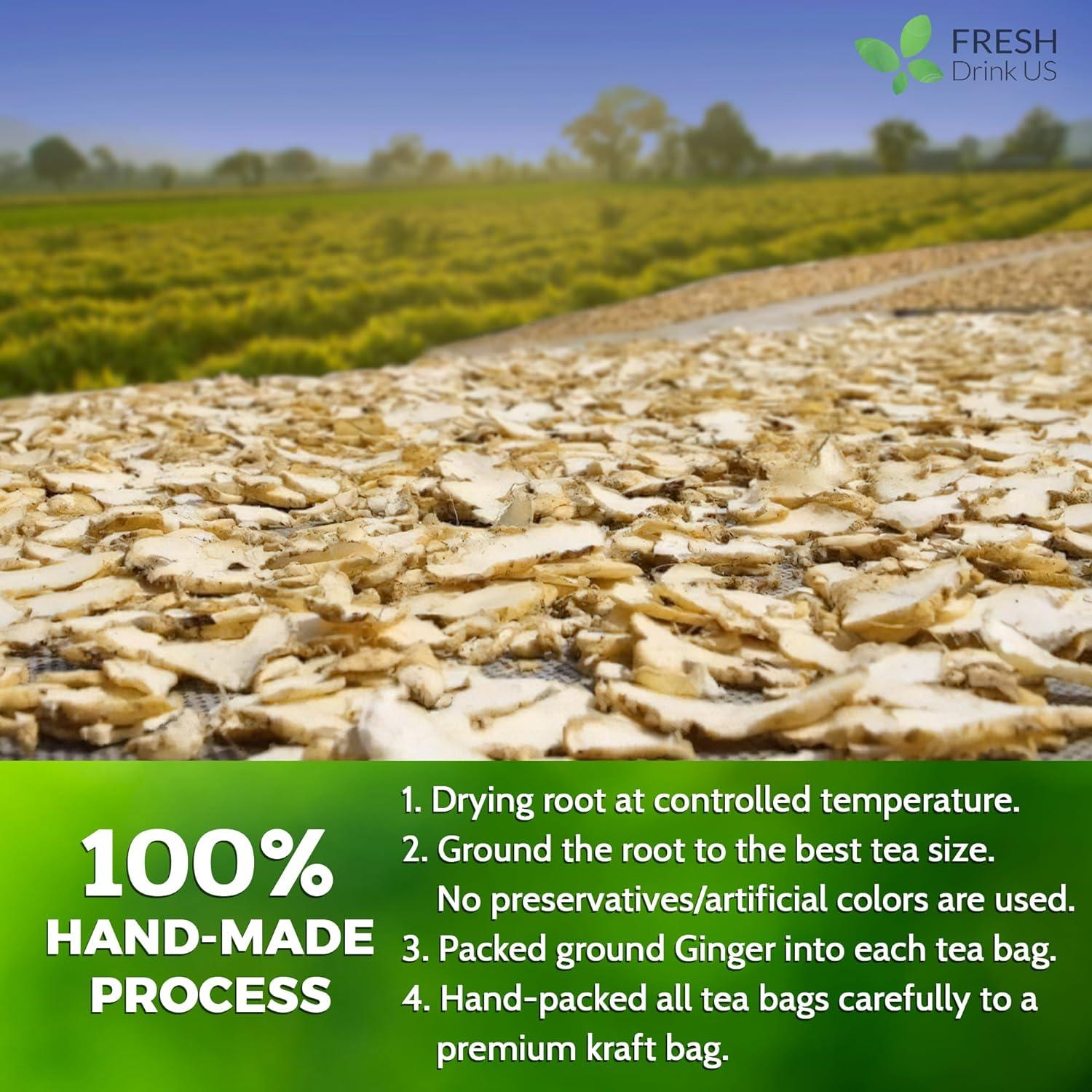 Premium Ginger Tea Bags, 100% Natural &amp; Pure from Ginger Roots, Ginger Tea, Ginger Herbal Tea. Ginger Tea. No Sugar, No Caffeine, No Gluten, Vegan. by FreshDrinkUS - Natural and Premium Herbal Tea