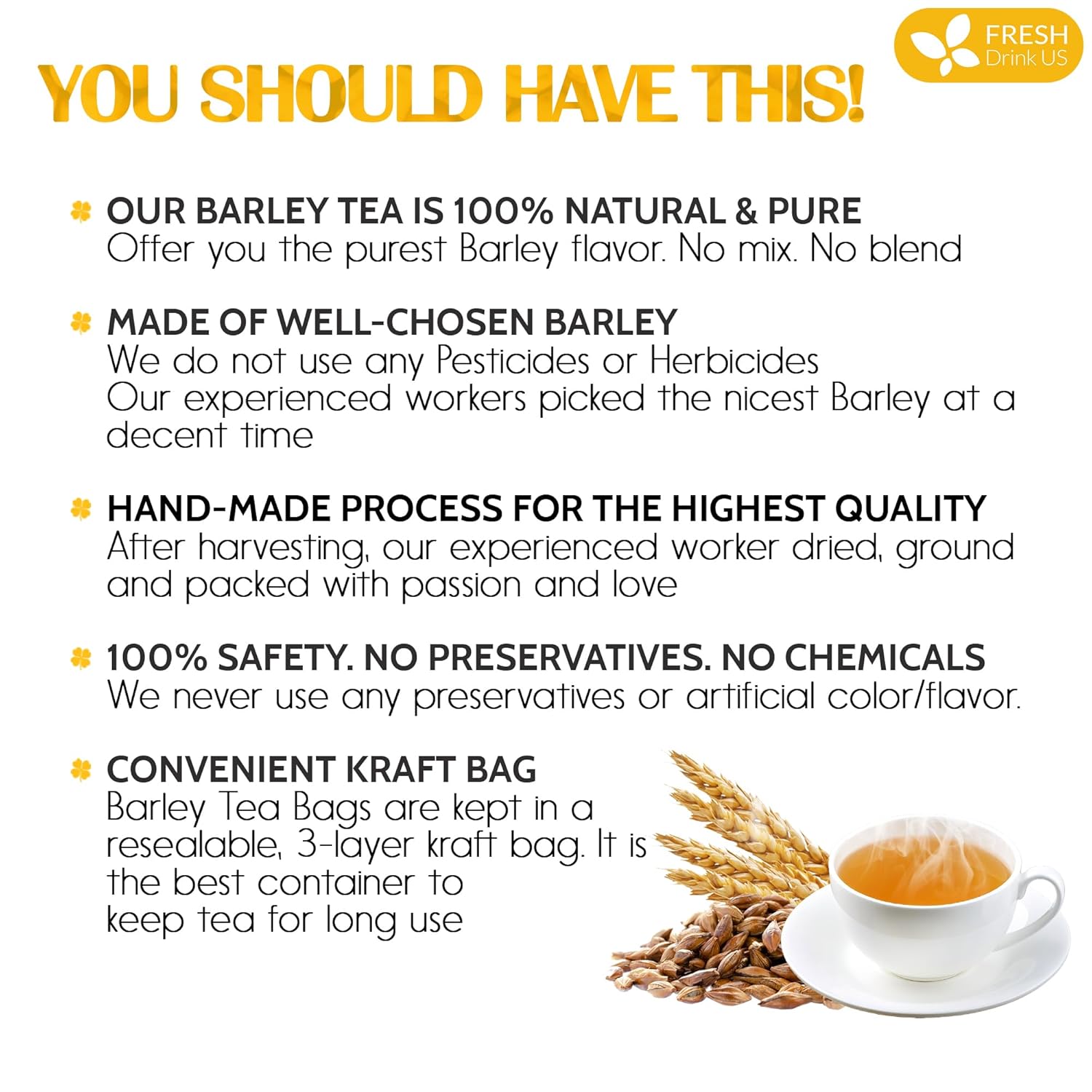 Premium Barley Tea Bags, 100% Natural &amp; Pure from Barley. Loose Barey Herbal Tea. No Sugar, No Caffeine, No Gluten, Vegan. by FreshDrinkUS - Natural and Premium Herbal Tea