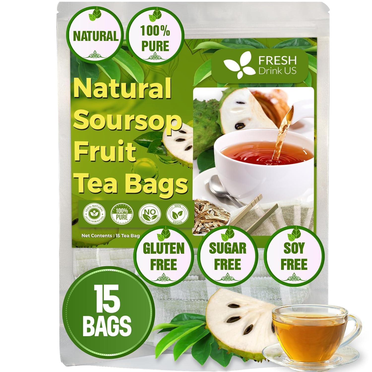 Premium Soursop Graviola Fruit Tea Bags, Tea Powder, 100% Natural and Pure from Soursop Fruits, Handmade, Made With Natural Materials-Corn Fiber Tea Bag, Sugar/Caffeine/Gluten Free, Hoja Guanabana Tea by FreshDrinkUS - Natural and Premium Herbal Tea
