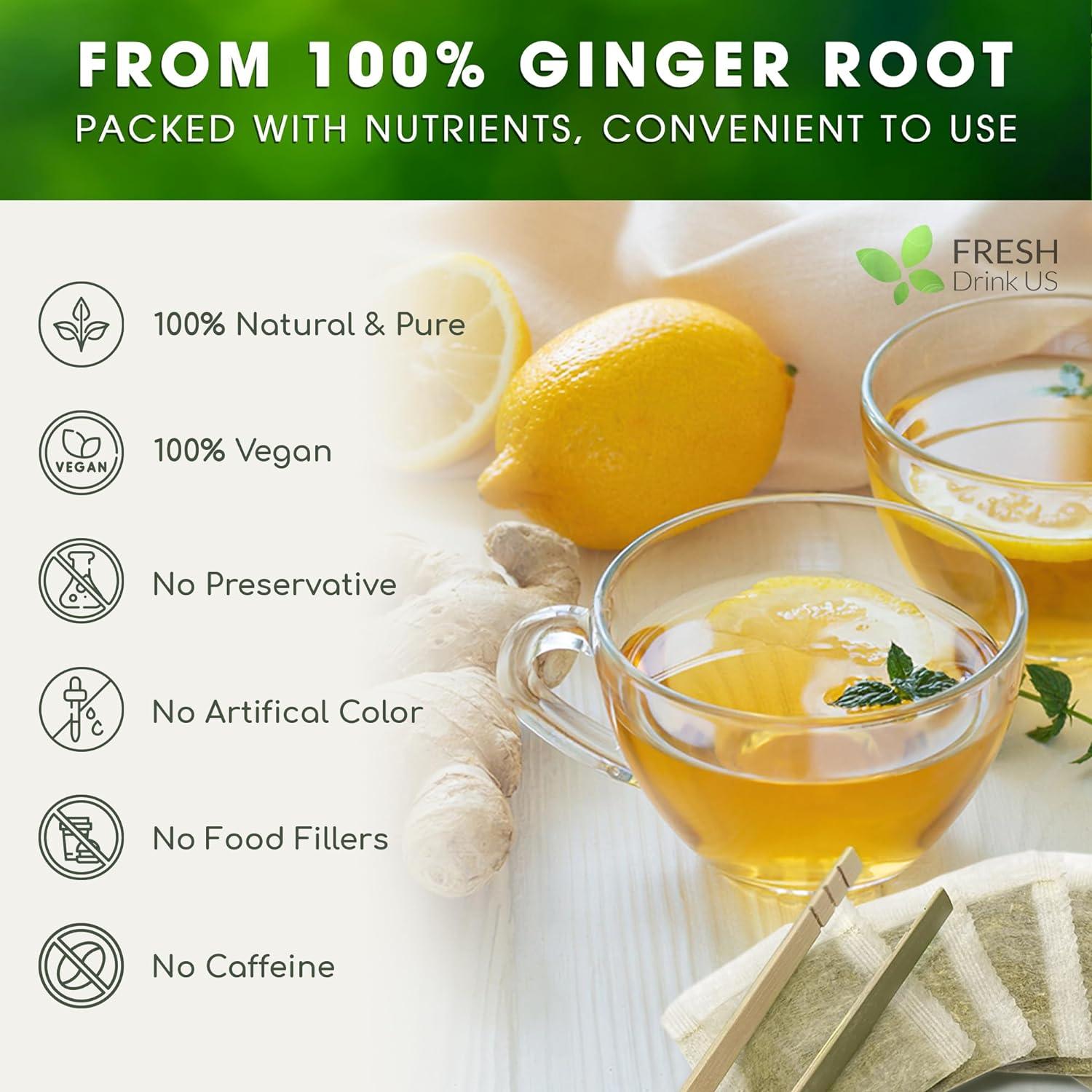 Premium Ginger Tea Bags, 100% Natural &amp; Pure from Ginger Roots, Ginger Tea, Ginger Herbal Tea. Ginger Tea. No Sugar, No Caffeine, No Gluten, Vegan. by FreshDrinkUS - Natural and Premium Herbal Tea