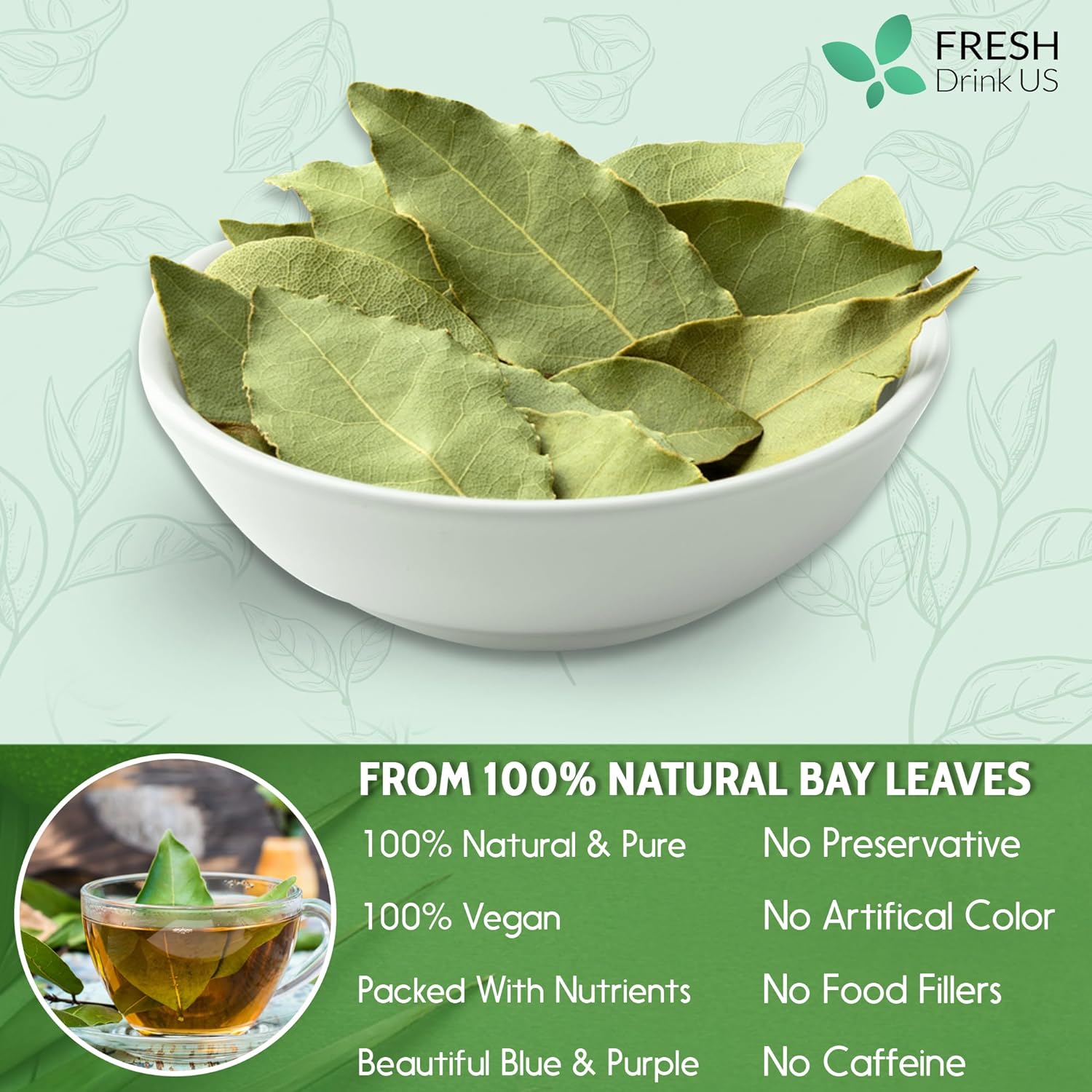 Premium Dried Bay Leaves, Tea Bags, Powder, Bay Leaves Spice, Whole Nice Leaves, Wildcrafted, Fresh Harvested, Bay Leaves For Cooking, Sugar-Free, Gluten Free, Caffeine Free, Vegan by FreshDrinkUS - Natural and Premium Herbal Tea
