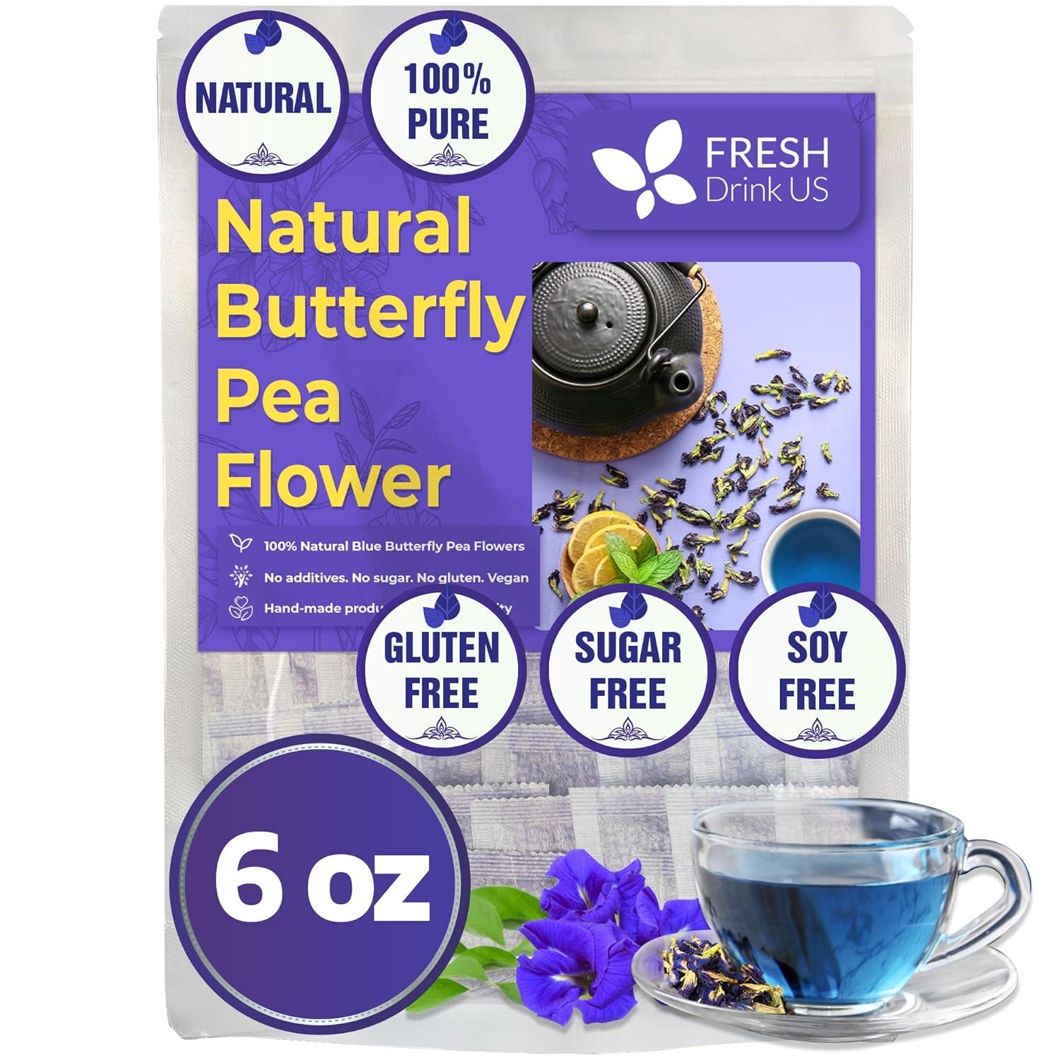 Premium Butterfly Pea Flowers, Tea Bags, 100% Natural and Pure from Butterfly Pea Flowers, Hand-made, Made With Natural Materials-Corn Fiber Tea Bag, Sugar/Caffeine/Gluten Free by FreshDrinkUS - Natural and Premium Herbal Tea