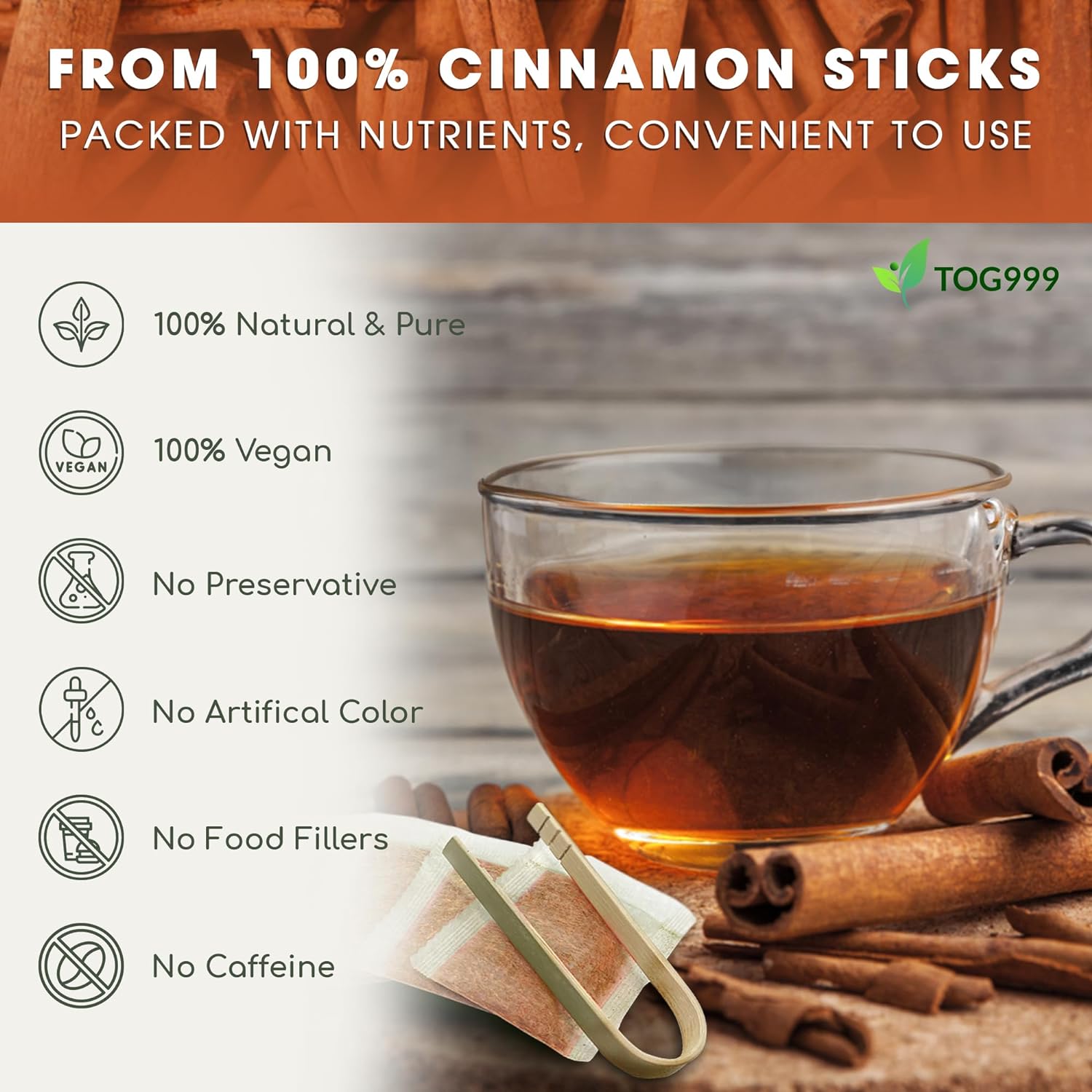 Pure Cinnamon Tea, 100% Natural &amp; Pure Cinnamon. Cinnamon Herbal Tea. Cinnamon Stick Herbal Spice Tea. No Sugar, No Caffeine, No Gluten, Vegan. by FreshDrinkUS - Natural and Premium Herbal Tea