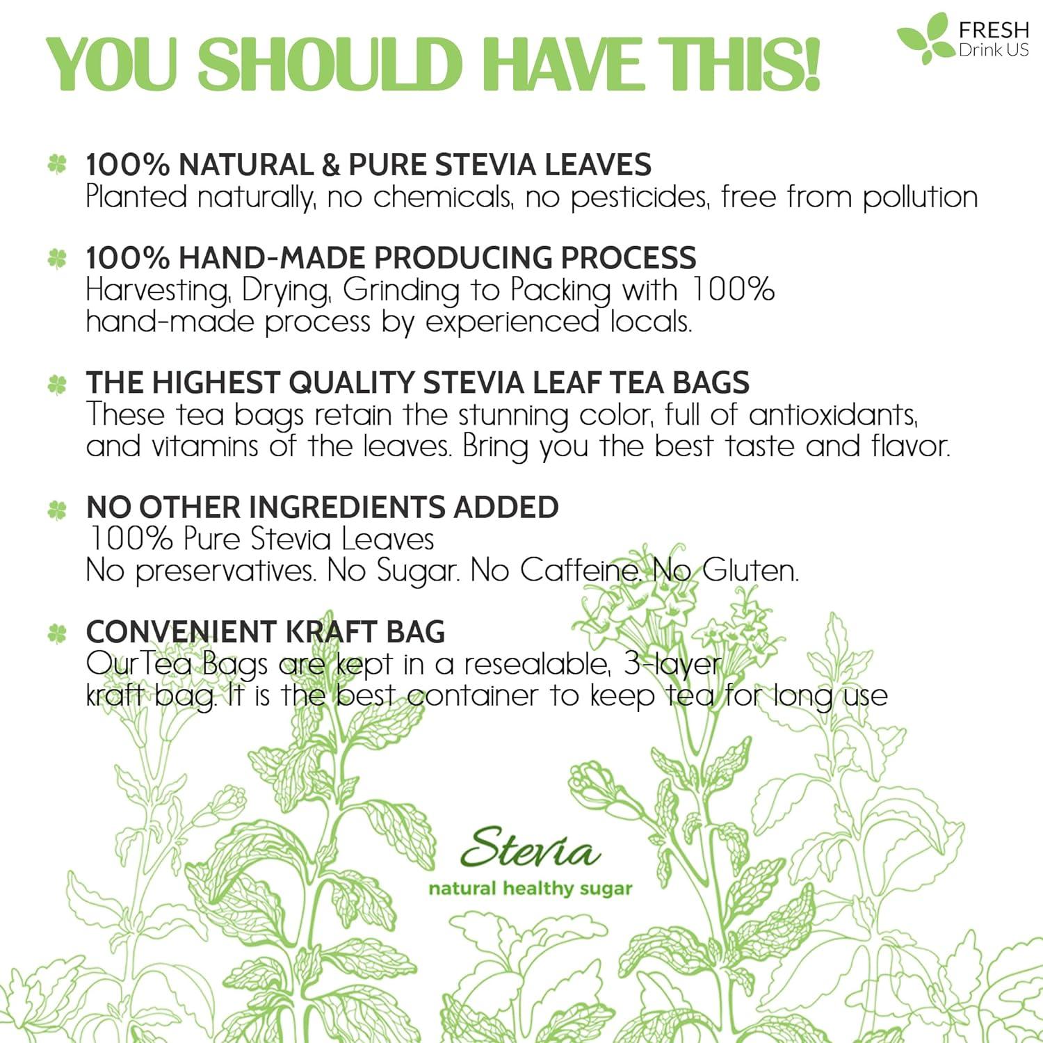 Stevia Leaf, Whole Dried Leaves, Tea Bags, Powder, 100% Natural and Pure from Stevia Leaves. Sugar Substitute for Tea, Coffee. Loose Leaf Stevia Herbal Tea. Zero Calorie Sweetener. No Sugar, No Caffeine, No Gluten, Vegan. by FreshDrinkUS - Natural and Premium Herbal Tea
