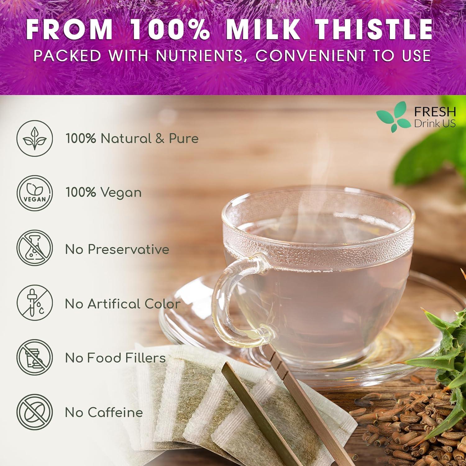 Premium Milk Thistle Tea Bags, 100% Natural &amp; Pure from Milk Thistle Seeds. Milk Thistle Seed Herbal Tea. Milk Thistle Seed Tea. Made with Natural Material Tea Bags. No Sugar, No Caffeine, No Gluten, Vegan. by FreshDrinkUS - Natural and Premium Herbal Tea
