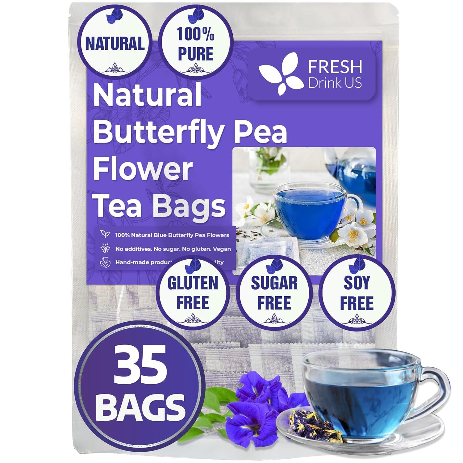 Premium Butterfly Pea Flowers, Tea Bags, 100% Natural and Pure from Butterfly Pea Flowers, Hand-made, Made With Natural Materials-Corn Fiber Tea Bag, Sugar/Caffeine/Gluten Free by FreshDrinkUS - Natural and Premium Herbal Tea