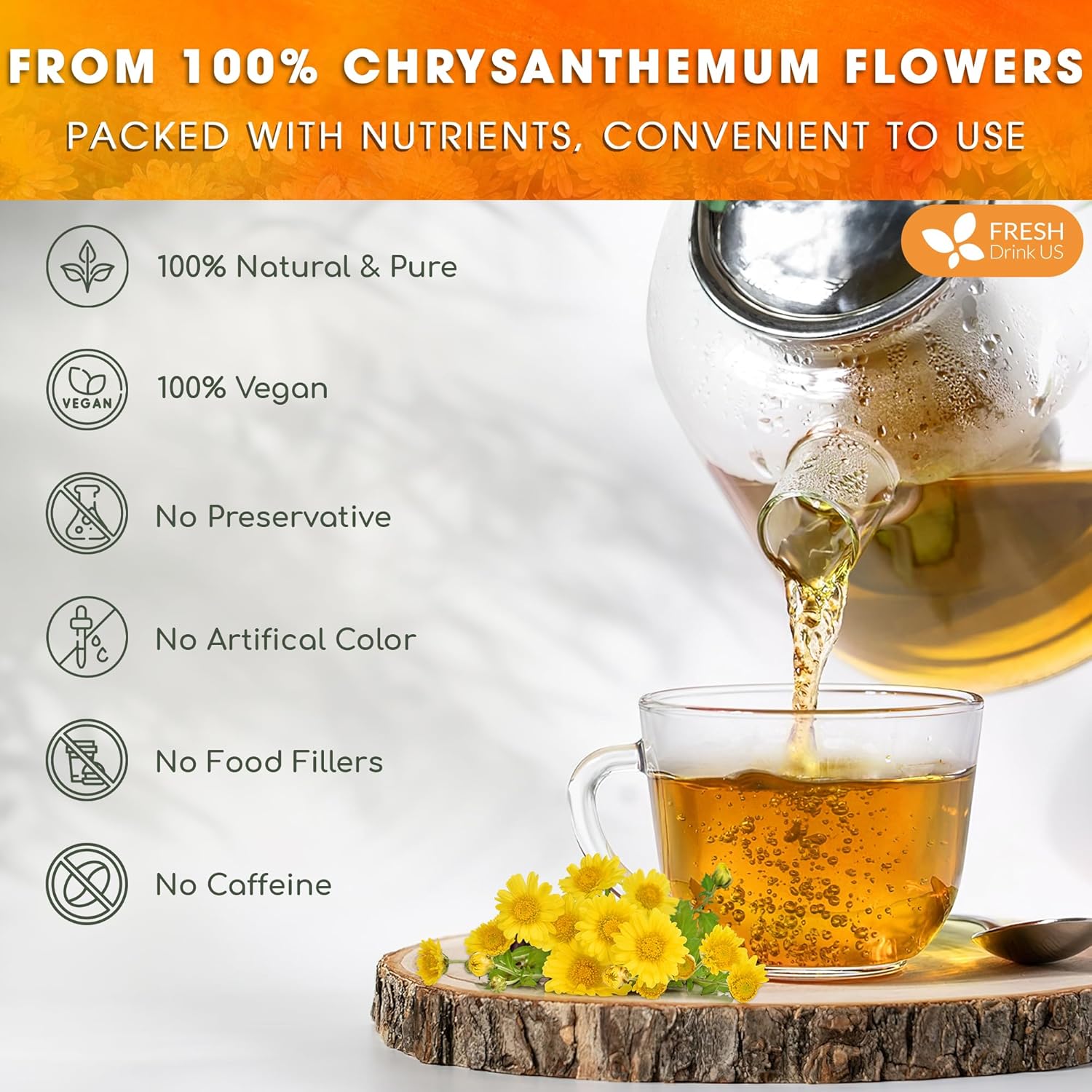 Premium Chrysanthemum Flowers, Chrysanthemum Herbal Tea, No Additives, No Caffeine, Vegan by FreshDrinkUS - Natural and Premium Herbal Tea