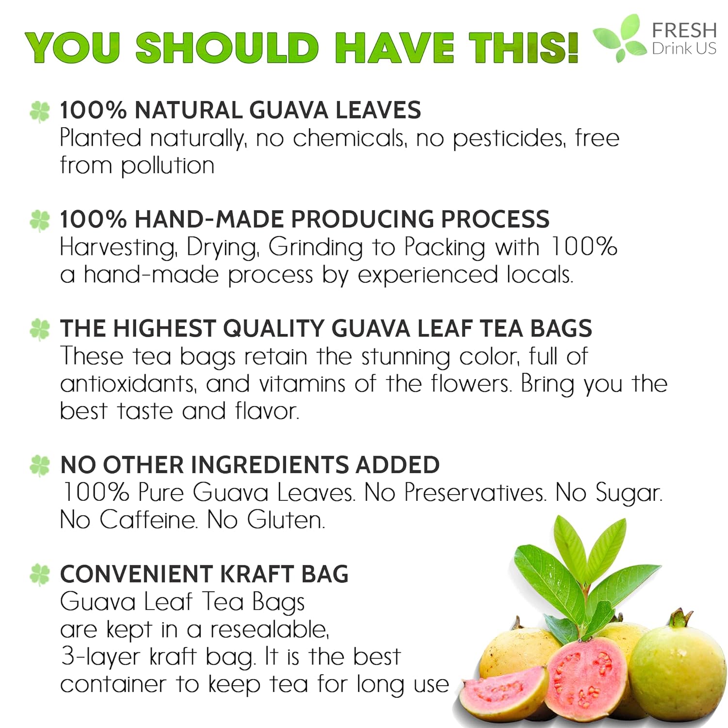 Natural Guava Leaves, Whole Dried Leaves, Cut-and-Sifted Guava leaves, 100% Pure from Guava Leaves, Natural Guava Loose Leaf Herbal Tea, No Additives, No Caffeine, Vegan by FreshDrinkUS - Natural and Premium Herbal Tea