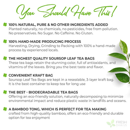 40 Premium Soursop Graviola Leaf Tea Bags, 100% Natural and Pure from Soursop Leaves, Handmade, Made With Natural Materials-Corn Fiber Tea Bag, Sugar/Caffeine/Gluten Free, Hoja Guanabana Tea by FreshDrinkUS - Natural and Premium Herbal Tea