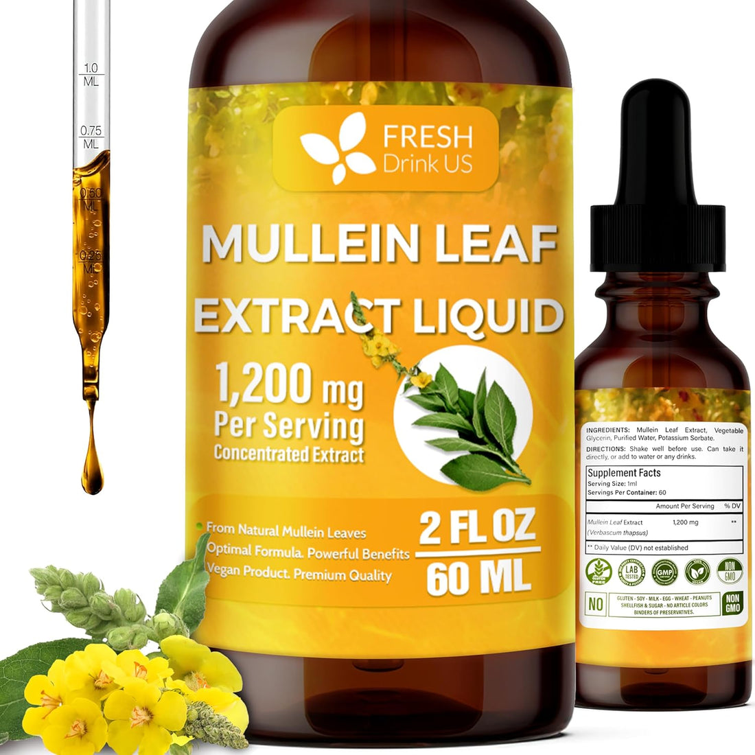 Mullein Drops for Lungs Cleanse Support, Mullein Extract Liquid – 100% from Natural Mullein Leaves, Non-GMO, Gluten-Free by FreshDrinkUS - Natural and Premium Herbal Tea