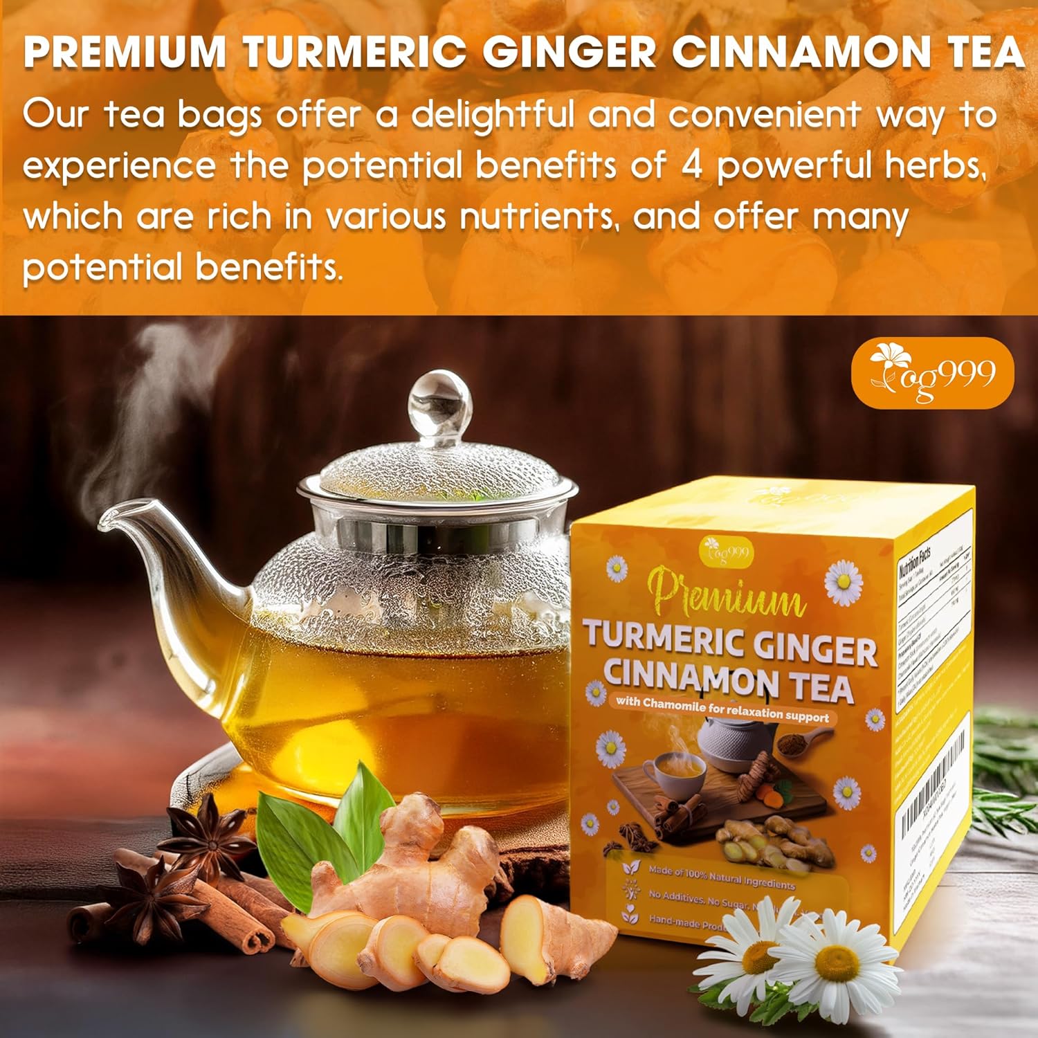 Premium Turmeric, Ginger, Cinnamon &amp; Chamomile Flowers Tea | Improve Digestion, Support Brain, Weight, Skin and Sleep, Eco-Conscious Tea Bags by FreshDrinkUS - Natural and Premium Herbal Tea