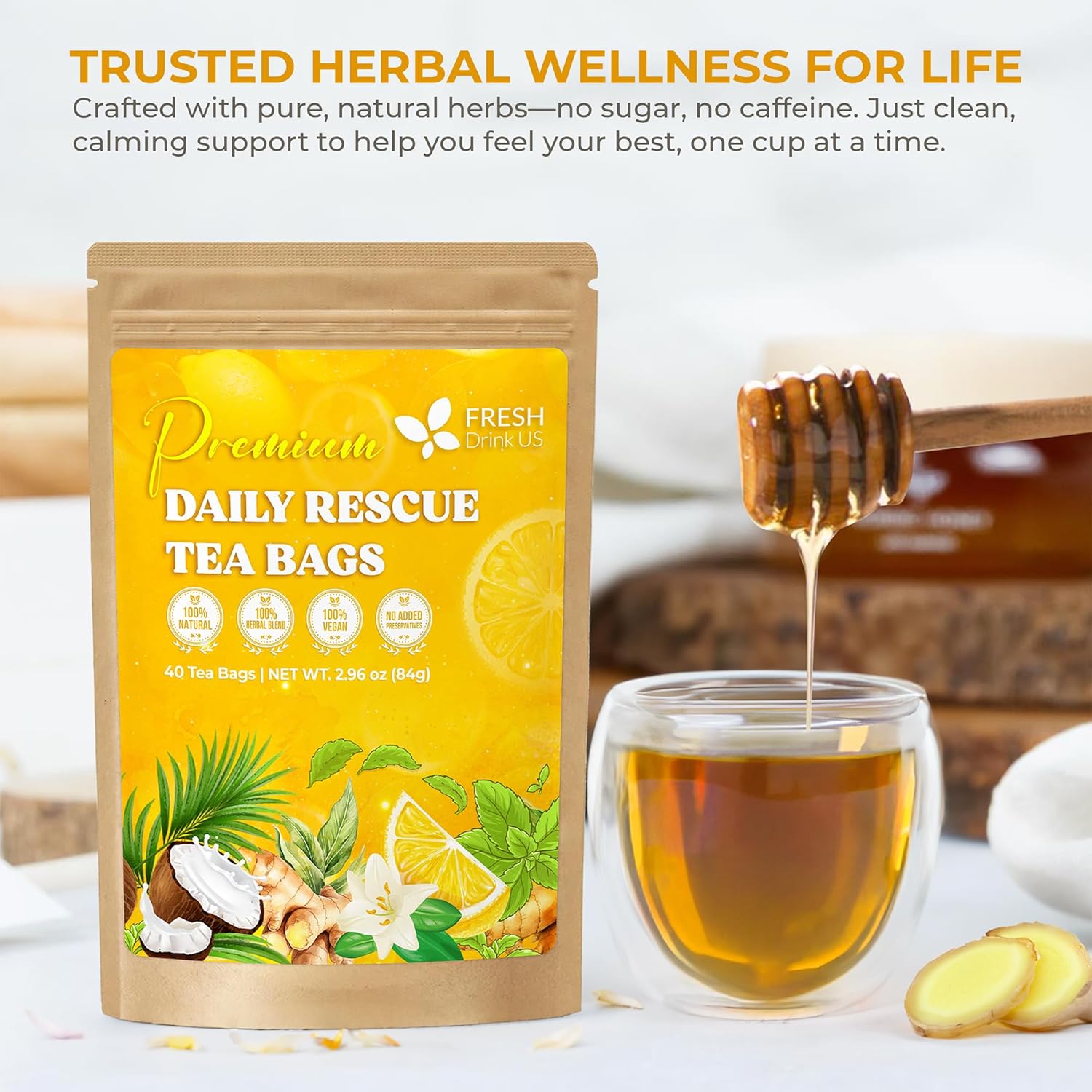 Premium Daily Rescue Lemon Ginger Tea Bags by FreshDrinkUS - Natural and Premium Herbal Tea
