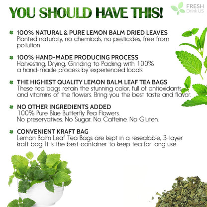 Premium Lemon Balm Leaf Tea Bags, 100% Natural &amp; Pure from Lemon Balm Leaves. Loose Leaf Lemon Balm Herbal Tea. Lemon Balm Leaf Tea. No Sugar, No Caffeine, No Gluten, Vegan. by FreshDrinkUS - Natural and Premium Herbal Tea