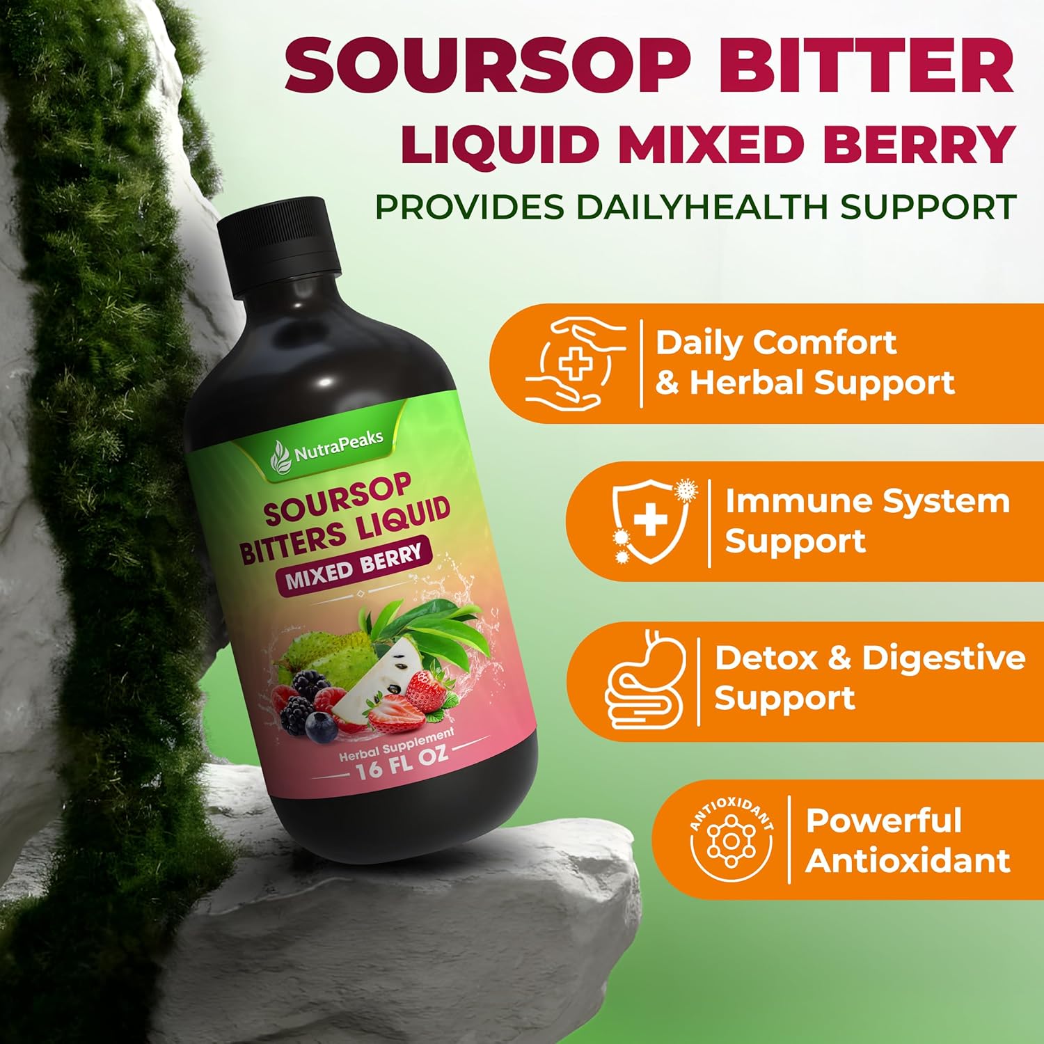 Soursop Bitters Liquid – Herbal Daily Wellness Formula with Soursop, Ginger, Turmeric &amp; Black Seed Mixed Berry Flavor by FreshDrinkUS - Natural and Premium Herbal Tea