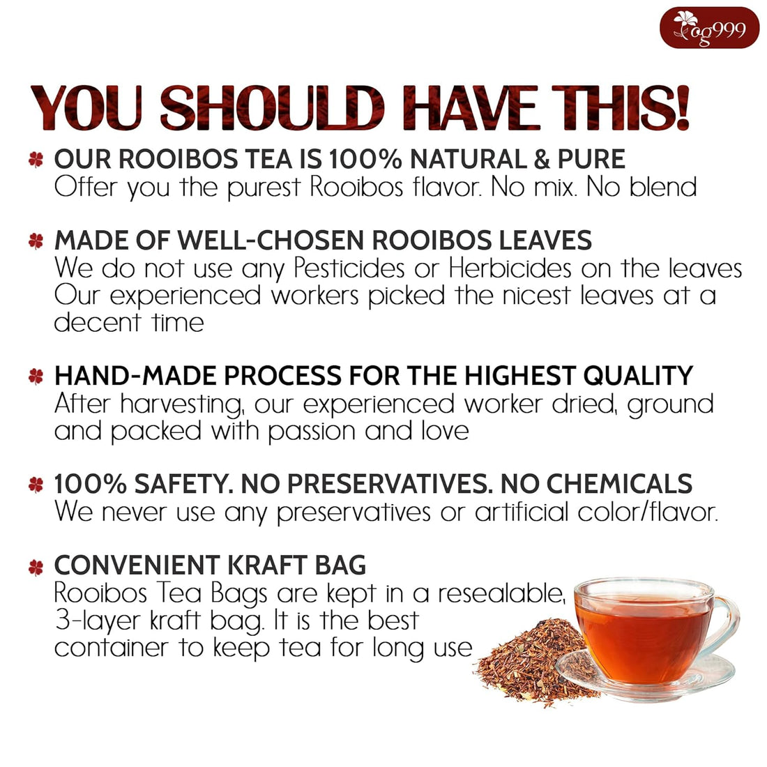 Premium Red Rooibos Tea Bags, 100% Natural &amp; Pure from Rooibos Tea Leaves. Loose Leaf Rooibos Herbal Tea. Made with Natural Material Tea Bags. No Sugar, No Caffeine, No Gluten, Vegan. by FreshDrinkUS - Natural and Premium Herbal Tea
